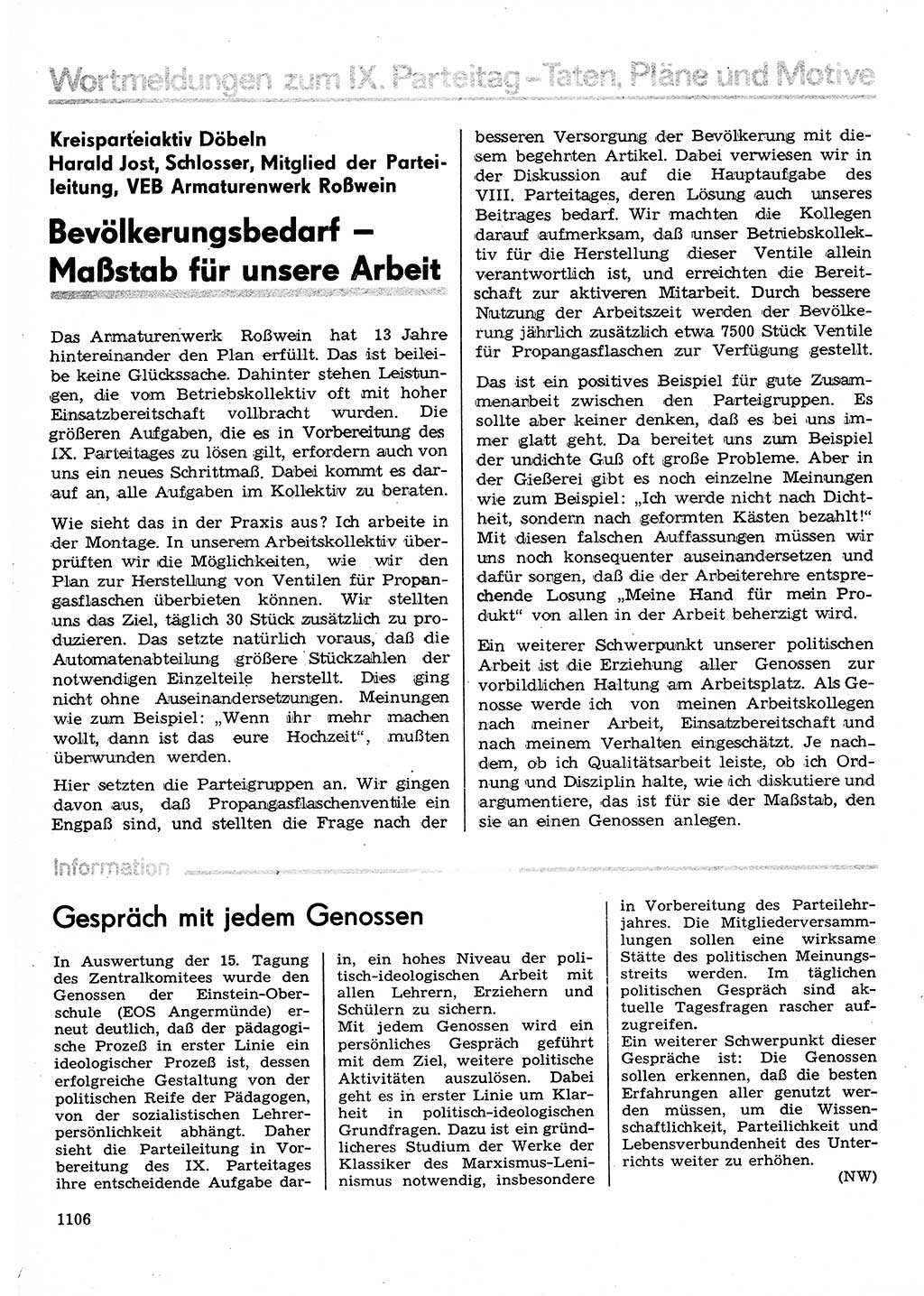 Neuer Weg (NW), Organ des Zentralkomitees (ZK) der SED (Sozialistische Einheitspartei Deutschlands) für Fragen des Parteilebens, 30. Jahrgang [Deutsche Demokratische Republik (DDR)] 1975, Seite 1106 (NW ZK SED DDR 1975, S. 1106)