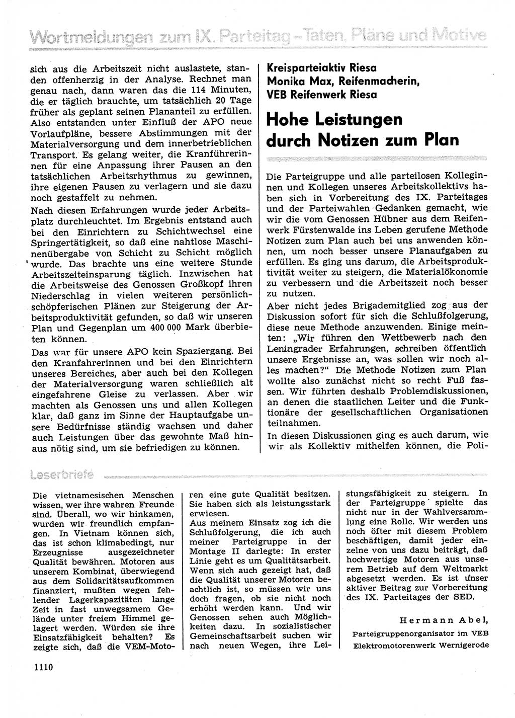 Neuer Weg (NW), Organ des Zentralkomitees (ZK) der SED (Sozialistische Einheitspartei Deutschlands) für Fragen des Parteilebens, 30. Jahrgang [Deutsche Demokratische Republik (DDR)] 1975, Seite 1110 (NW ZK SED DDR 1975, S. 1110)