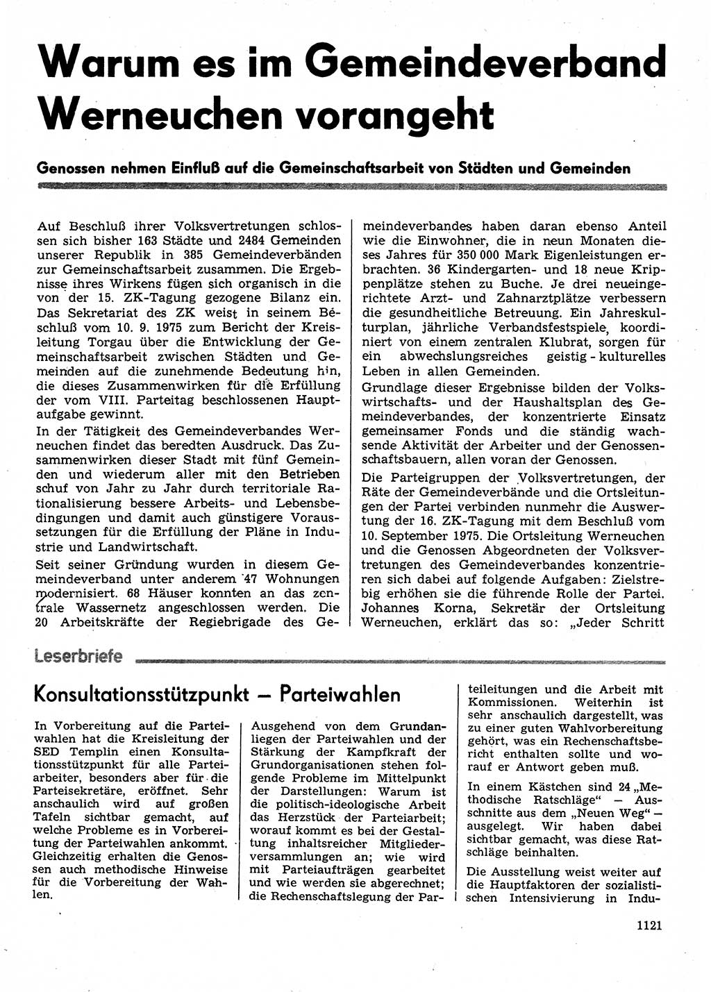 Neuer Weg (NW), Organ des Zentralkomitees (ZK) der SED (Sozialistische Einheitspartei Deutschlands) fÃ¼r Fragen des Parteilebens, 30. Jahrgang [Deutsche Demokratische Republik (DDR)] 1975, Seite 1121 (NW ZK SED DDR 1975, S. 1121)