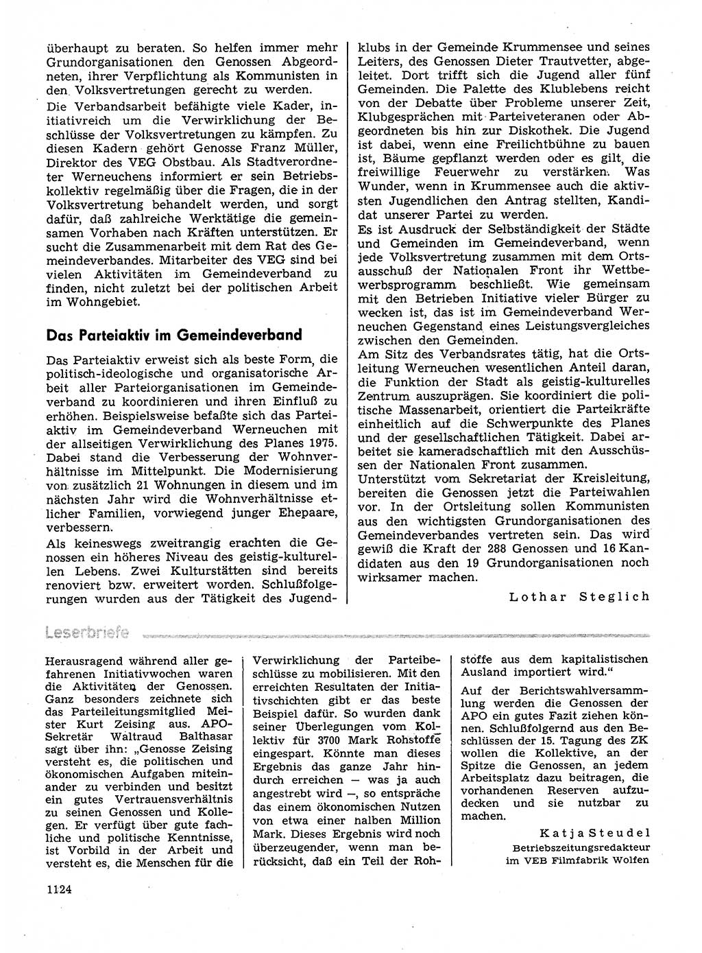 Neuer Weg (NW), Organ des Zentralkomitees (ZK) der SED (Sozialistische Einheitspartei Deutschlands) für Fragen des Parteilebens, 30. Jahrgang [Deutsche Demokratische Republik (DDR)] 1975, Seite 1124 (NW ZK SED DDR 1975, S. 1124)