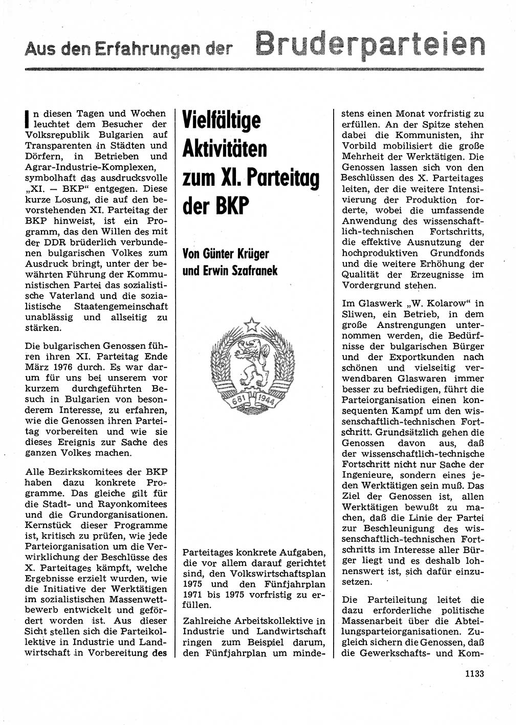 Neuer Weg (NW), Organ des Zentralkomitees (ZK) der SED (Sozialistische Einheitspartei Deutschlands) für Fragen des Parteilebens, 30. Jahrgang [Deutsche Demokratische Republik (DDR)] 1975, Seite 1133 (NW ZK SED DDR 1975, S. 1133)