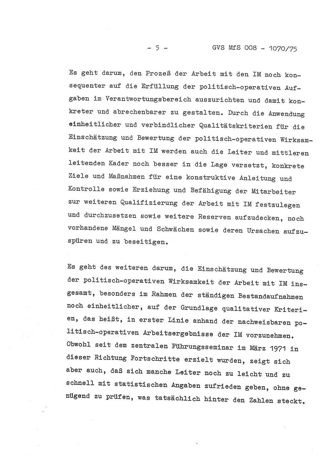 Auszug aus dem Referat des Genossen Minister (Generaloberst Erich Mielke) für das zentrale Führungsseminar (MfS) zu Grundfragen der Arbeit mit den inoffiziellen Mitarbeitern (IM), Manuskript, Deutsche Demokratische Republik (DDR), Ministerium für Staatssicherheit (MfS), Der Minister, Geheime Verschlußsache (GVS) 008-1070/75, Berlin 1975, Blatt 5 (Ref. Fü.-Sem. DDR MfS Min. GVS 008-1070/75 1975, Bl. 5)