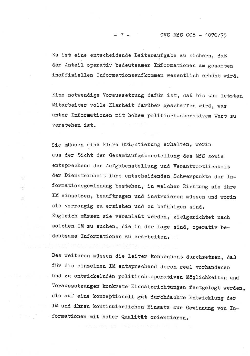 Auszug aus dem Referat des Genossen Minister (Generaloberst Erich Mielke) für das zentrale Führungsseminar (MfS) zu Grundfragen der Arbeit mit den inoffiziellen Mitarbeitern (IM), Manuskript, Deutsche Demokratische Republik (DDR), Ministerium für Staatssicherheit (MfS), Der Minister, Geheime Verschlußsache (GVS) 008-1070/75, Berlin 1975, Blatt 7 (Ref. Fü.-Sem. DDR MfS Min. GVS 008-1070/75 1975, Bl. 7)