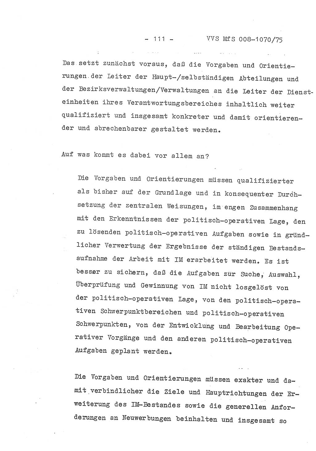 Auszug aus dem Referat des Genossen Minister (Generaloberst Erich Mielke) für das zentrale Führungsseminar (MfS) zu Grundfragen der Arbeit mit den inoffiziellen Mitarbeitern (IM), Manuskript, Deutsche Demokratische Republik (DDR), Ministerium für Staatssicherheit (MfS), Der Minister, Geheime Verschlußsache (GVS) 008-1070/75, Berlin 1975, Blatt 111 (Ref. Fü.-Sem. DDR MfS Min. GVS 008-1070/75 1975, Bl. 111)