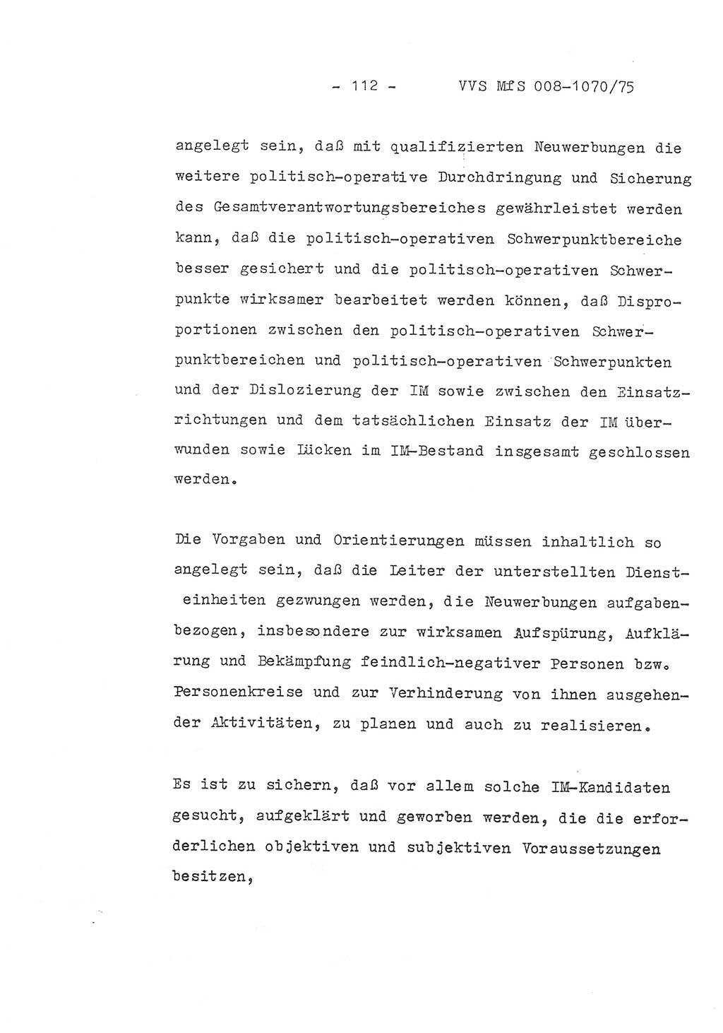 Auszug aus dem Referat des Genossen Minister (Generaloberst Erich Mielke) für das zentrale Führungsseminar (MfS) zu Grundfragen der Arbeit mit den inoffiziellen Mitarbeitern (IM), Manuskript, Deutsche Demokratische Republik (DDR), Ministerium für Staatssicherheit (MfS), Der Minister, Geheime Verschlußsache (GVS) 008-1070/75, Berlin 1975, Blatt 112 (Ref. Fü.-Sem. DDR MfS Min. GVS 008-1070/75 1975, Bl. 112)