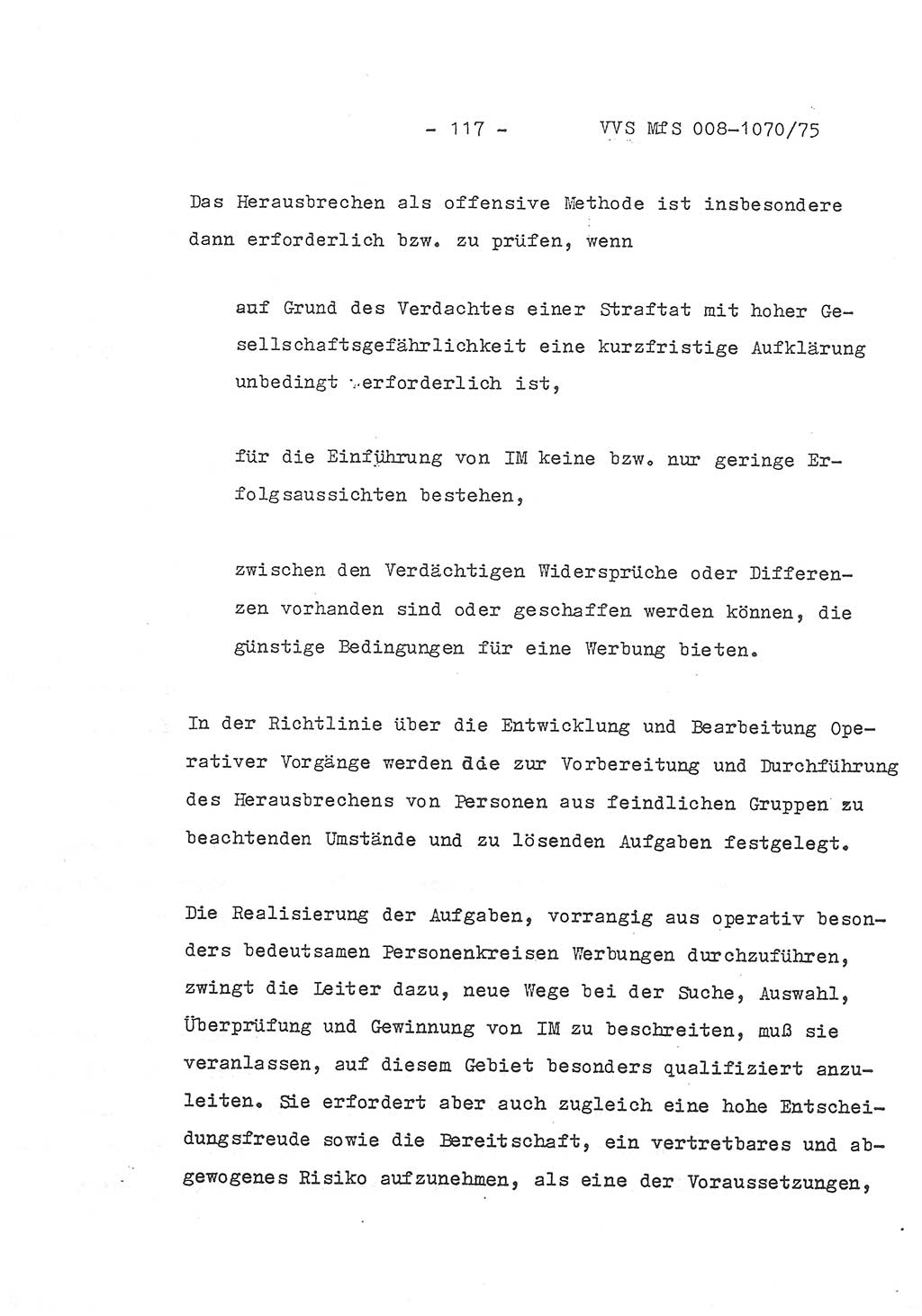 Auszug aus dem Referat des Genossen Minister (Generaloberst Erich Mielke) für das zentrale Führungsseminar (MfS) zu Grundfragen der Arbeit mit den inoffiziellen Mitarbeitern (IM), Manuskript, Deutsche Demokratische Republik (DDR), Ministerium für Staatssicherheit (MfS), Der Minister, Geheime Verschlußsache (GVS) 008-1070/75, Berlin 1975, Blatt 117 (Ref. Fü.-Sem. DDR MfS Min. GVS 008-1070/75 1975, Bl. 117)