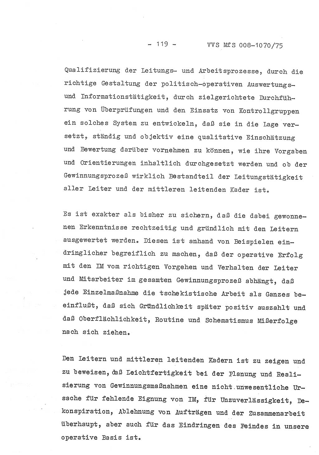 Auszug aus dem Referat des Genossen Minister (Generaloberst Erich Mielke) für das zentrale Führungsseminar (MfS) zu Grundfragen der Arbeit mit den inoffiziellen Mitarbeitern (IM), Manuskript, Deutsche Demokratische Republik (DDR), Ministerium für Staatssicherheit (MfS), Der Minister, Geheime Verschlußsache (GVS) 008-1070/75, Berlin 1975, Blatt 119 (Ref. Fü.-Sem. DDR MfS Min. GVS 008-1070/75 1975, Bl. 119)