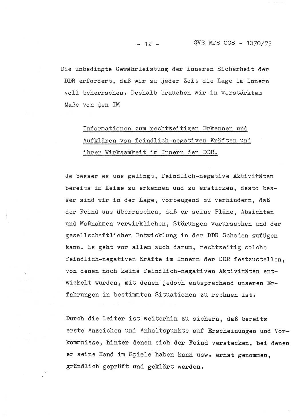 Auszug aus dem Referat des Genossen Minister (Generaloberst Erich Mielke) für das zentrale Führungsseminar (MfS) zu Grundfragen der Arbeit mit den inoffiziellen Mitarbeitern (IM), Manuskript, Deutsche Demokratische Republik (DDR), Ministerium für Staatssicherheit (MfS), Der Minister, Geheime Verschlußsache (GVS) 008-1070/75, Berlin 1975, Blatt 12 (Ref. Fü.-Sem. DDR MfS Min. GVS 008-1070/75 1975, Bl. 12)