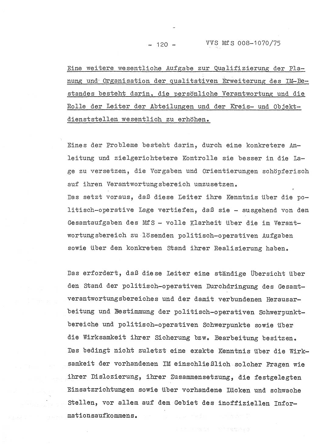 Auszug aus dem Referat des Genossen Minister (Generaloberst Erich Mielke) für das zentrale Führungsseminar (MfS) zu Grundfragen der Arbeit mit den inoffiziellen Mitarbeitern (IM), Manuskript, Deutsche Demokratische Republik (DDR), Ministerium für Staatssicherheit (MfS), Der Minister, Geheime Verschlußsache (GVS) 008-1070/75, Berlin 1975, Blatt 120 (Ref. Fü.-Sem. DDR MfS Min. GVS 008-1070/75 1975, Bl. 120)