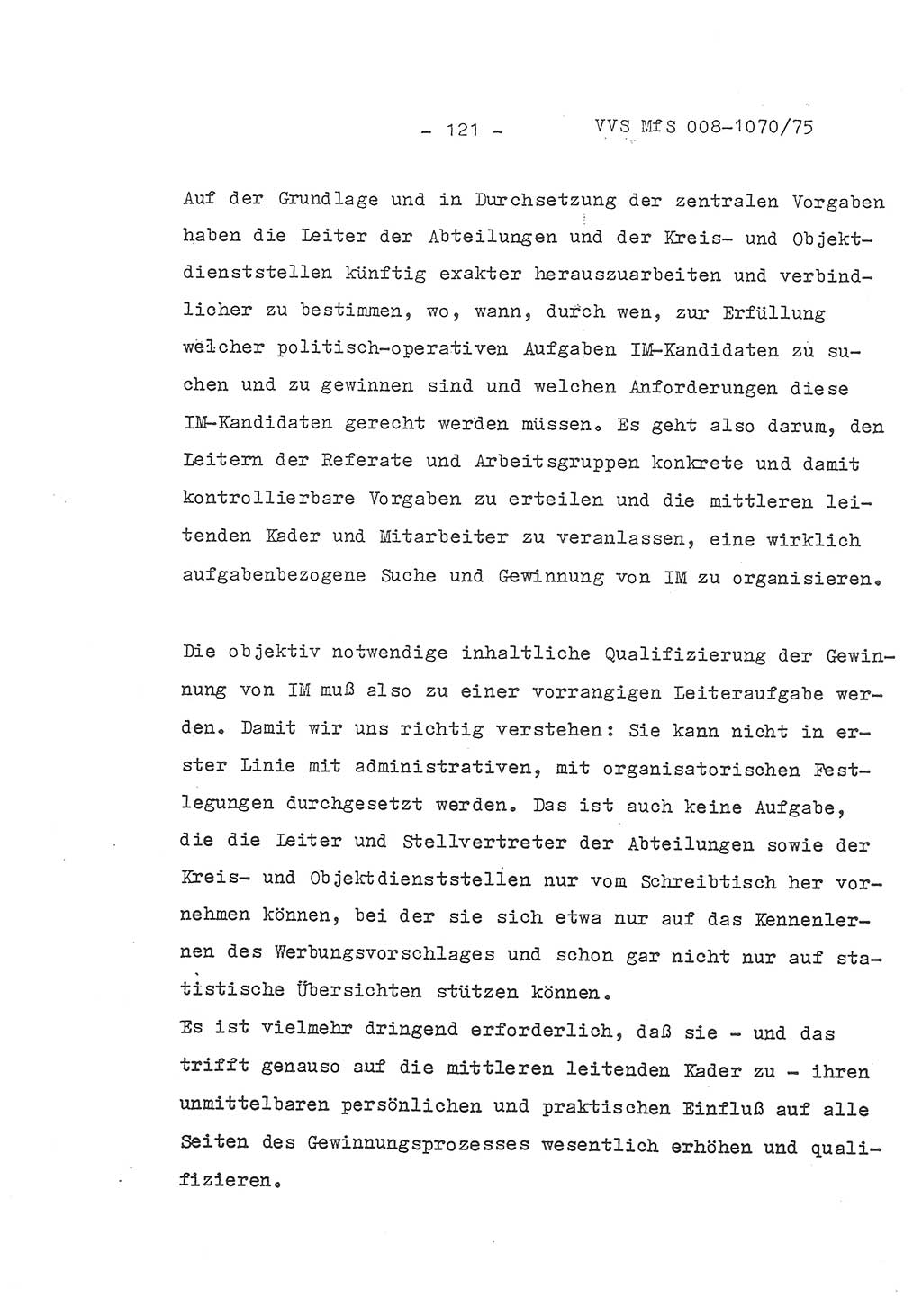 Auszug aus dem Referat des Genossen Minister (Generaloberst Erich Mielke) für das zentrale Führungsseminar (MfS) zu Grundfragen der Arbeit mit den inoffiziellen Mitarbeitern (IM), Manuskript, Deutsche Demokratische Republik (DDR), Ministerium für Staatssicherheit (MfS), Der Minister, Geheime Verschlußsache (GVS) 008-1070/75, Berlin 1975, Blatt 121 (Ref. Fü.-Sem. DDR MfS Min. GVS 008-1070/75 1975, Bl. 121)