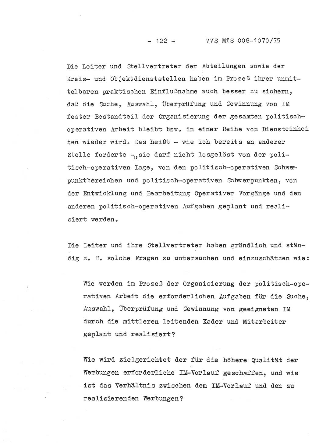 Auszug aus dem Referat des Genossen Minister (Generaloberst Erich Mielke) für das zentrale Führungsseminar (MfS) zu Grundfragen der Arbeit mit den inoffiziellen Mitarbeitern (IM), Manuskript, Deutsche Demokratische Republik (DDR), Ministerium für Staatssicherheit (MfS), Der Minister, Geheime Verschlußsache (GVS) 008-1070/75, Berlin 1975, Blatt 122 (Ref. Fü.-Sem. DDR MfS Min. GVS 008-1070/75 1975, Bl. 122)