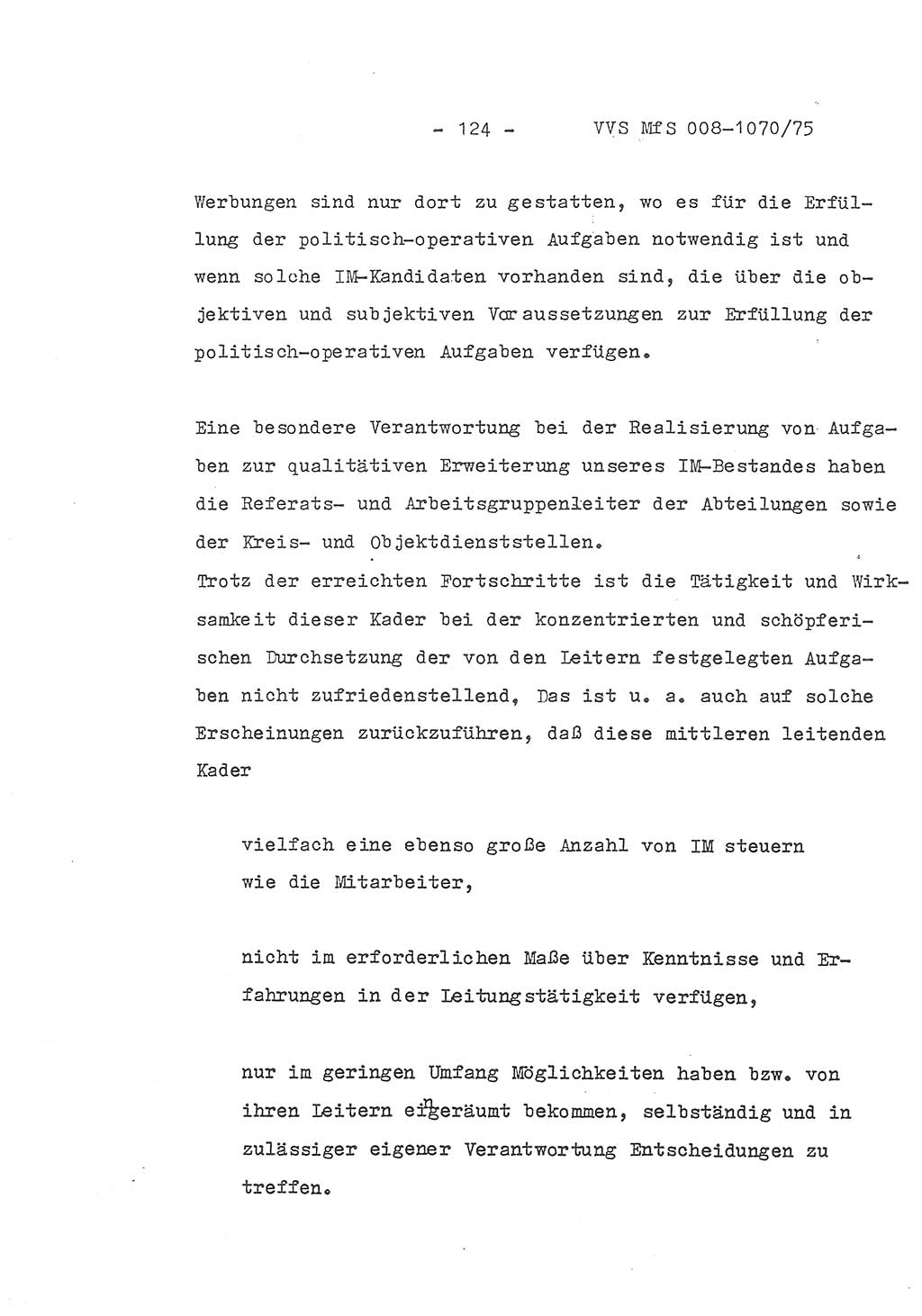 Auszug aus dem Referat des Genossen Minister (Generaloberst Erich Mielke) für das zentrale Führungsseminar (MfS) zu Grundfragen der Arbeit mit den inoffiziellen Mitarbeitern (IM), Manuskript, Deutsche Demokratische Republik (DDR), Ministerium für Staatssicherheit (MfS), Der Minister, Geheime Verschlußsache (GVS) 008-1070/75, Berlin 1975, Blatt 124 (Ref. Fü.-Sem. DDR MfS Min. GVS 008-1070/75 1975, Bl. 124)