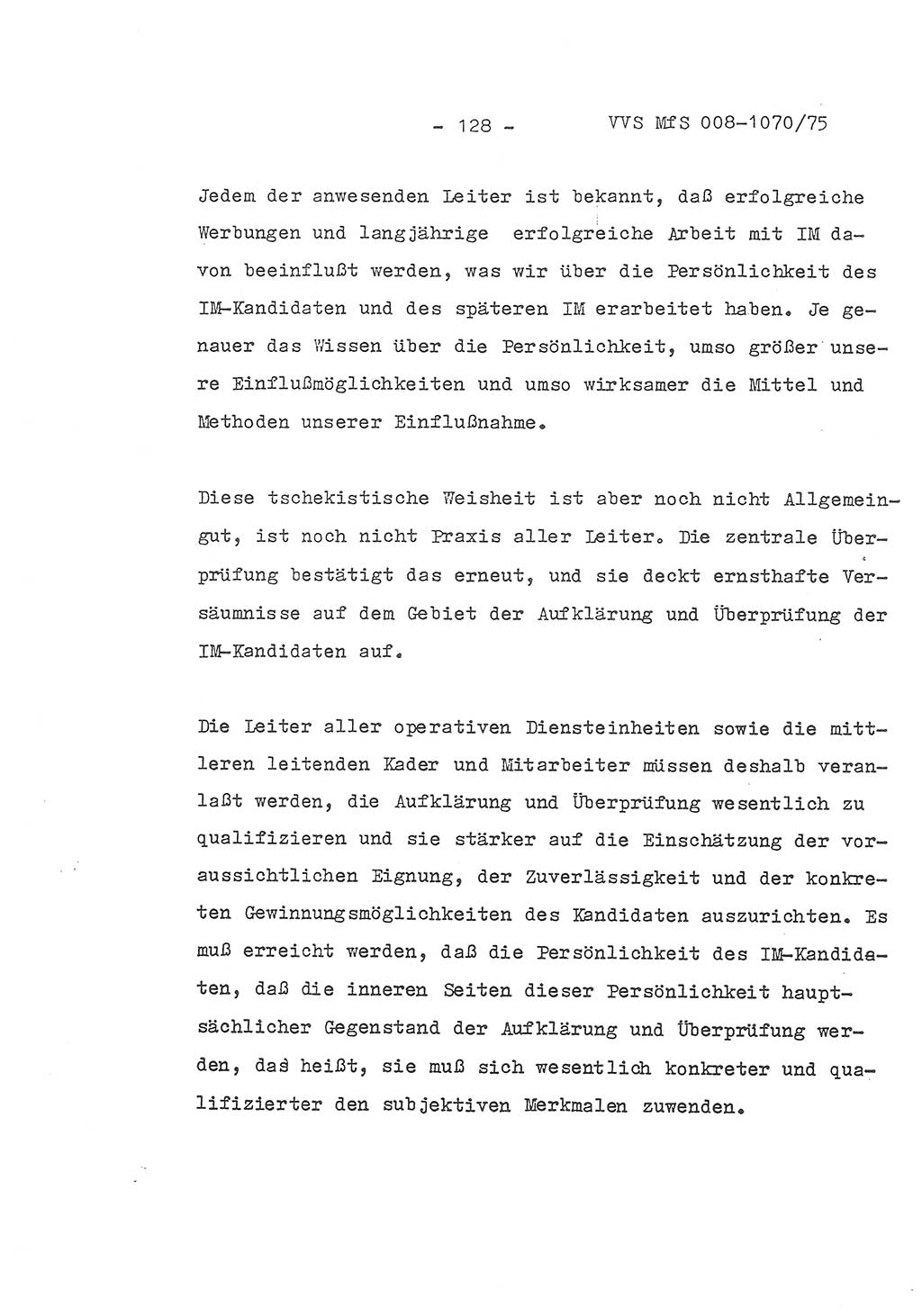 Auszug aus dem Referat des Genossen Minister (Generaloberst Erich Mielke) für das zentrale Führungsseminar (MfS) zu Grundfragen der Arbeit mit den inoffiziellen Mitarbeitern (IM), Manuskript, Deutsche Demokratische Republik (DDR), Ministerium für Staatssicherheit (MfS), Der Minister, Geheime Verschlußsache (GVS) 008-1070/75, Berlin 1975, Blatt 128 (Ref. Fü.-Sem. DDR MfS Min. GVS 008-1070/75 1975, Bl. 128)