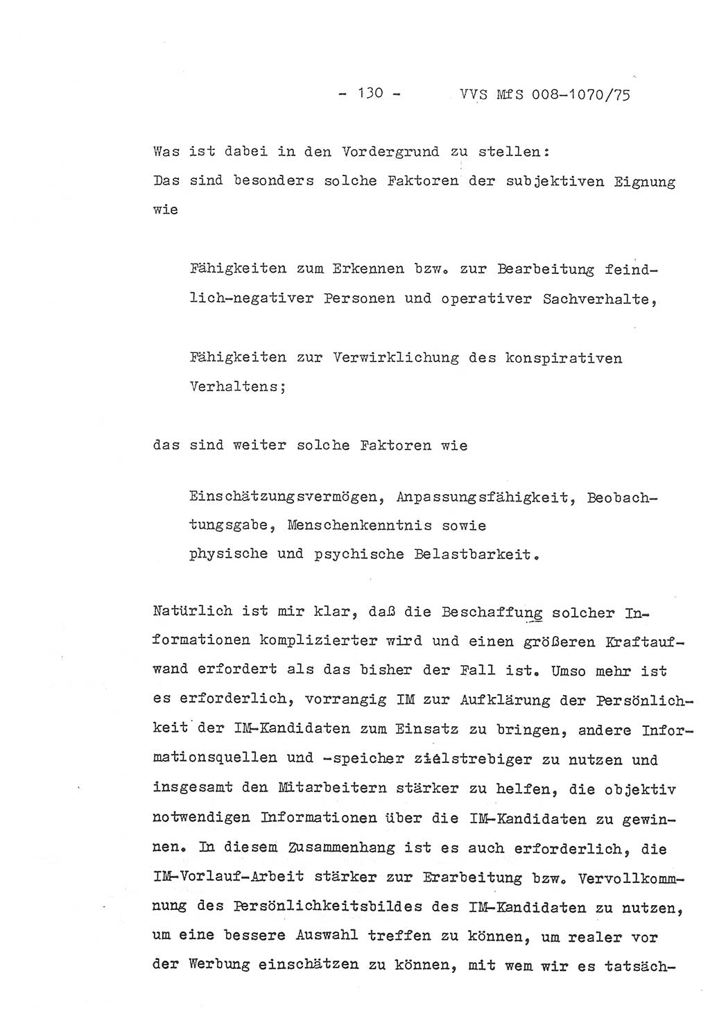 Auszug aus dem Referat des Genossen Minister (Generaloberst Erich Mielke) für das zentrale Führungsseminar (MfS) zu Grundfragen der Arbeit mit den inoffiziellen Mitarbeitern (IM), Manuskript, Deutsche Demokratische Republik (DDR), Ministerium für Staatssicherheit (MfS), Der Minister, Geheime Verschlußsache (GVS) 008-1070/75, Berlin 1975, Blatt 130 (Ref. Fü.-Sem. DDR MfS Min. GVS 008-1070/75 1975, Bl. 130)