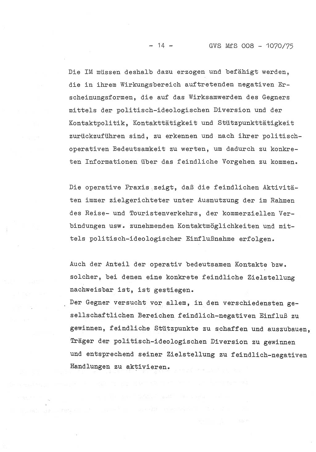 Auszug aus dem Referat des Genossen Minister (Generaloberst Erich Mielke) für das zentrale Führungsseminar (MfS) zu Grundfragen der Arbeit mit den inoffiziellen Mitarbeitern (IM), Manuskript, Deutsche Demokratische Republik (DDR), Ministerium für Staatssicherheit (MfS), Der Minister, Geheime Verschlußsache (GVS) 008-1070/75, Berlin 1975, Blatt 14 (Ref. Fü.-Sem. DDR MfS Min. GVS 008-1070/75 1975, Bl. 14)