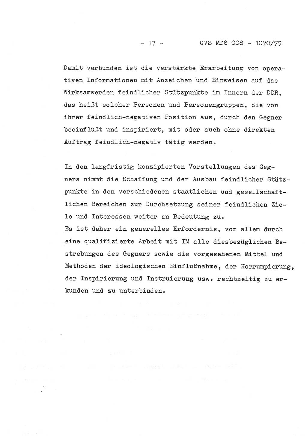 Auszug aus dem Referat des Genossen Minister (Generaloberst Erich Mielke) für das zentrale Führungsseminar (MfS) zu Grundfragen der Arbeit mit den inoffiziellen Mitarbeitern (IM), Manuskript, Deutsche Demokratische Republik (DDR), Ministerium für Staatssicherheit (MfS), Der Minister, Geheime Verschlußsache (GVS) 008-1070/75, Berlin 1975, Blatt 17 (Ref. Fü.-Sem. DDR MfS Min. GVS 008-1070/75 1975, Bl. 17)