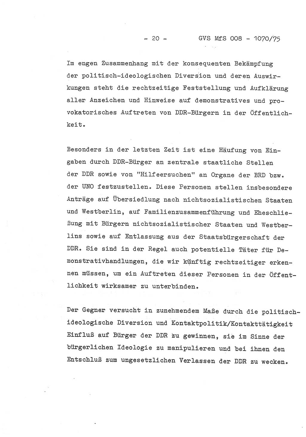 Auszug aus dem Referat des Genossen Minister (Generaloberst Erich Mielke) für das zentrale Führungsseminar (MfS) zu Grundfragen der Arbeit mit den inoffiziellen Mitarbeitern (IM), Manuskript, Deutsche Demokratische Republik (DDR), Ministerium für Staatssicherheit (MfS), Der Minister, Geheime Verschlußsache (GVS) 008-1070/75, Berlin 1975, Blatt 20 (Ref. Fü.-Sem. DDR MfS Min. GVS 008-1070/75 1975, Bl. 20)