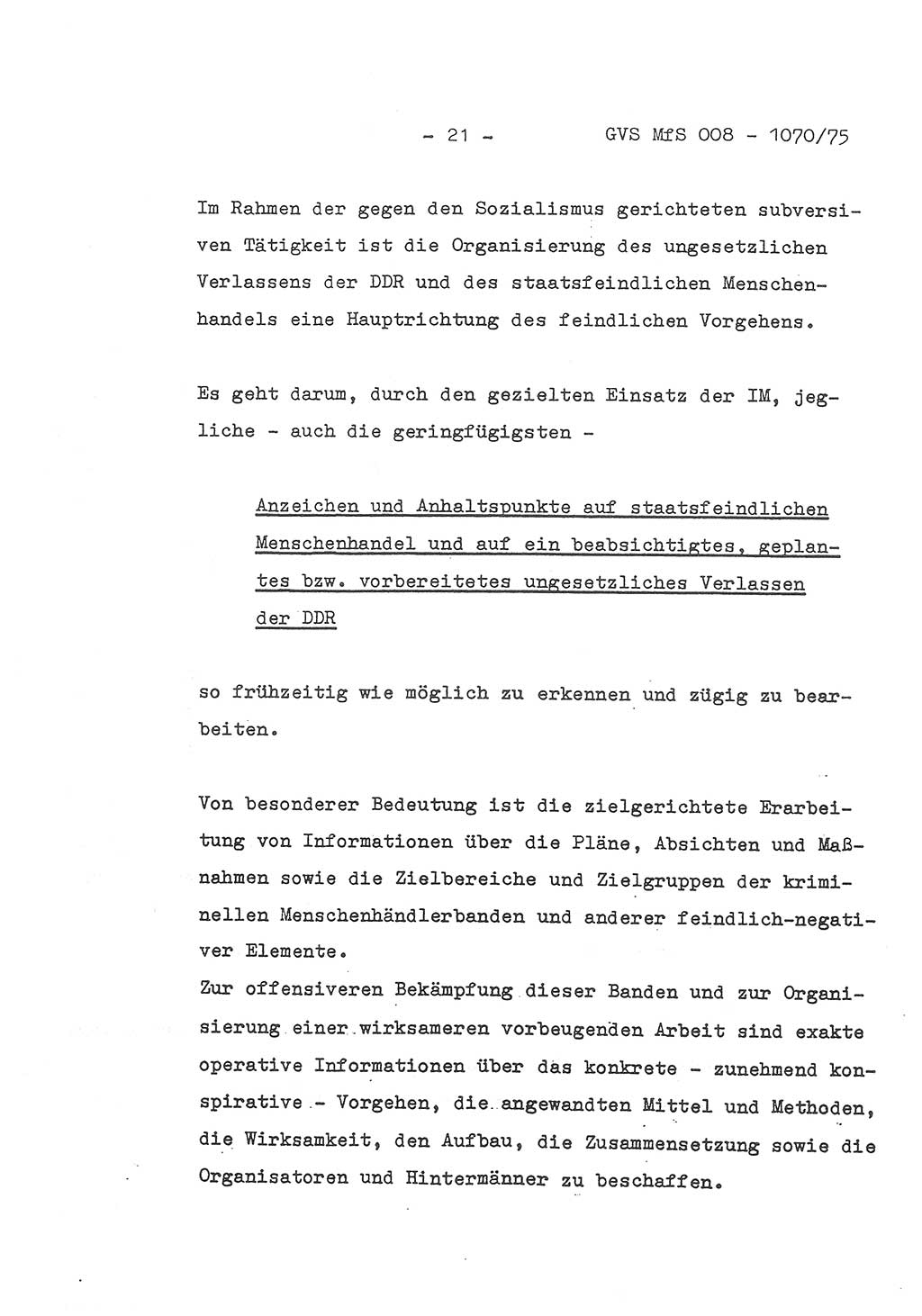 Auszug aus dem Referat des Genossen Minister (Generaloberst Erich Mielke) für das zentrale Führungsseminar (MfS) zu Grundfragen der Arbeit mit den inoffiziellen Mitarbeitern (IM), Manuskript, Deutsche Demokratische Republik (DDR), Ministerium für Staatssicherheit (MfS), Der Minister, Geheime Verschlußsache (GVS) 008-1070/75, Berlin 1975, Blatt 21 (Ref. Fü.-Sem. DDR MfS Min. GVS 008-1070/75 1975, Bl. 21)