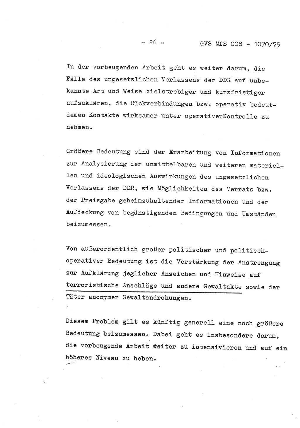 Auszug aus dem Referat des Genossen Minister (Generaloberst Erich Mielke) für das zentrale Führungsseminar (MfS) zu Grundfragen der Arbeit mit den inoffiziellen Mitarbeitern (IM), Manuskript, Deutsche Demokratische Republik (DDR), Ministerium für Staatssicherheit (MfS), Der Minister, Geheime Verschlußsache (GVS) 008-1070/75, Berlin 1975, Blatt 26 (Ref. Fü.-Sem. DDR MfS Min. GVS 008-1070/75 1975, Bl. 26)