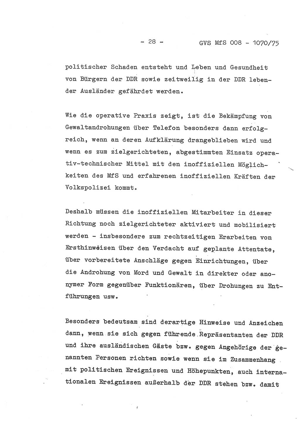 Auszug aus dem Referat des Genossen Minister (Generaloberst Erich Mielke) für das zentrale Führungsseminar (MfS) zu Grundfragen der Arbeit mit den inoffiziellen Mitarbeitern (IM), Manuskript, Deutsche Demokratische Republik (DDR), Ministerium für Staatssicherheit (MfS), Der Minister, Geheime Verschlußsache (GVS) 008-1070/75, Berlin 1975, Blatt 28 (Ref. Fü.-Sem. DDR MfS Min. GVS 008-1070/75 1975, Bl. 28)