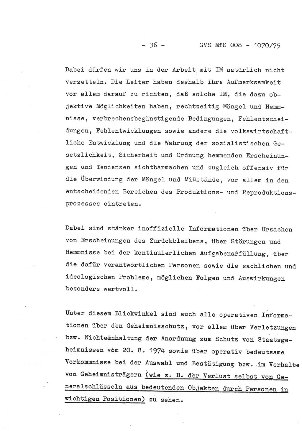 Auszug aus dem Referat des Genossen Minister (Generaloberst Erich Mielke) für das zentrale Führungsseminar (MfS) zu Grundfragen der Arbeit mit den inoffiziellen Mitarbeitern (IM), Manuskript, Deutsche Demokratische Republik (DDR), Ministerium für Staatssicherheit (MfS), Der Minister, Geheime Verschlußsache (GVS) 008-1070/75, Berlin 1975, Blatt 36 (Ref. Fü.-Sem. DDR MfS Min. GVS 008-1070/75 1975, Bl. 36)