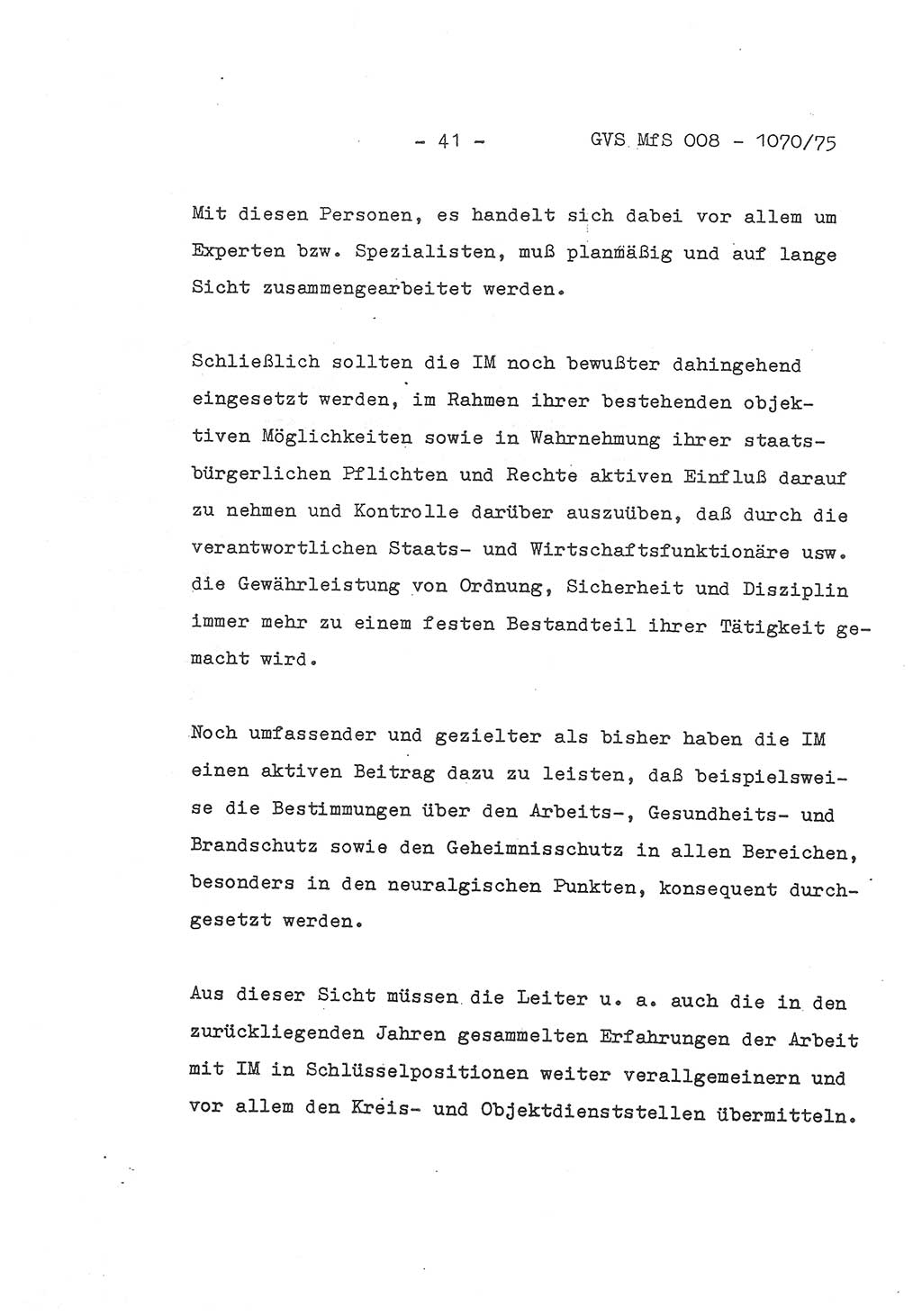 Auszug aus dem Referat des Genossen Minister (Generaloberst Erich Mielke) für das zentrale Führungsseminar (MfS) zu Grundfragen der Arbeit mit den inoffiziellen Mitarbeitern (IM), Manuskript, Deutsche Demokratische Republik (DDR), Ministerium für Staatssicherheit (MfS), Der Minister, Geheime Verschlußsache (GVS) 008-1070/75, Berlin 1975, Blatt 41 (Ref. Fü.-Sem. DDR MfS Min. GVS 008-1070/75 1975, Bl. 41)