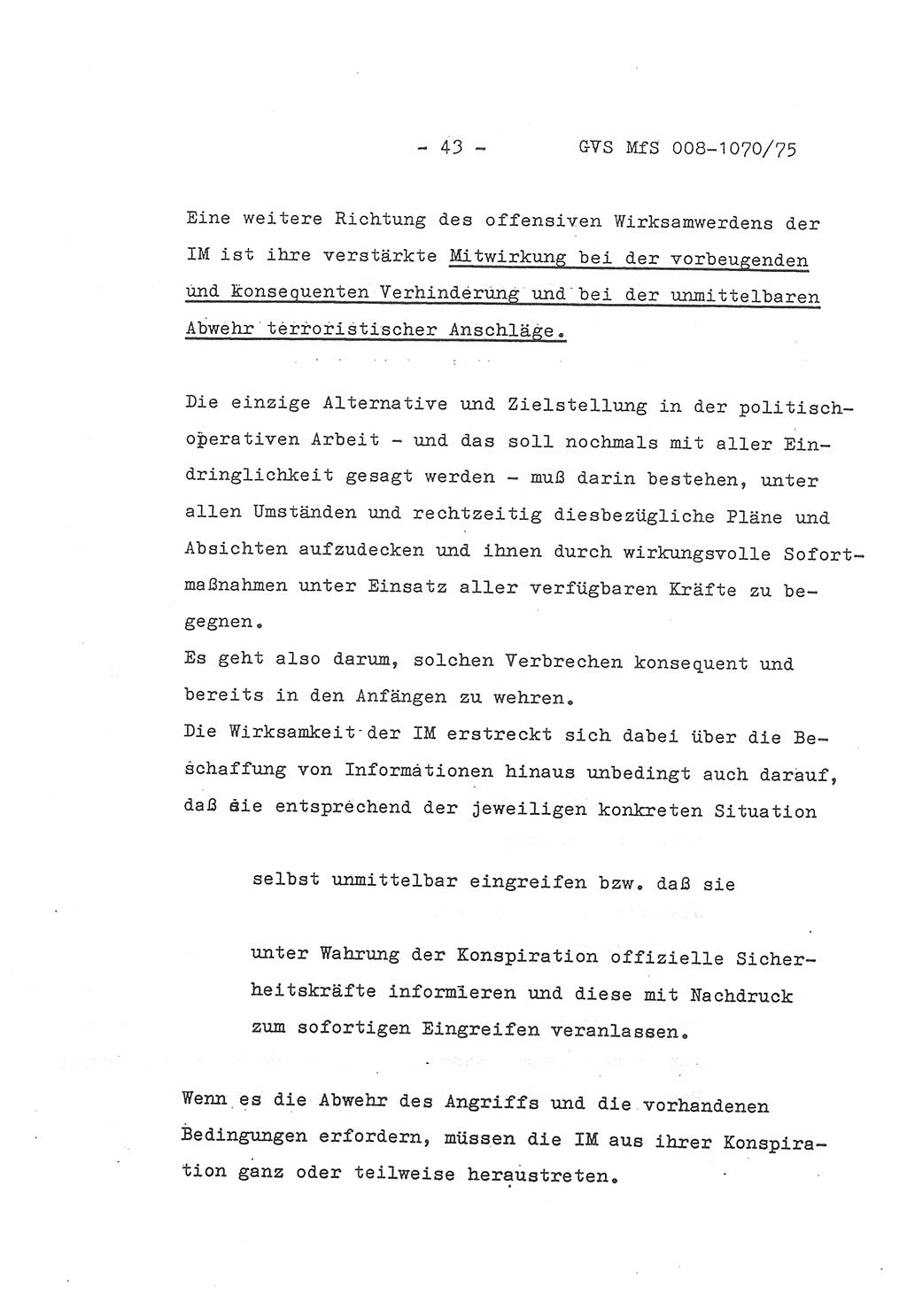 Auszug aus dem Referat des Genossen Minister (Generaloberst Erich Mielke) für das zentrale Führungsseminar (MfS) zu Grundfragen der Arbeit mit den inoffiziellen Mitarbeitern (IM), Manuskript, Deutsche Demokratische Republik (DDR), Ministerium für Staatssicherheit (MfS), Der Minister, Geheime Verschlußsache (GVS) 008-1070/75, Berlin 1975, Blatt 43 (Ref. Fü.-Sem. DDR MfS Min. GVS 008-1070/75 1975, Bl. 43)