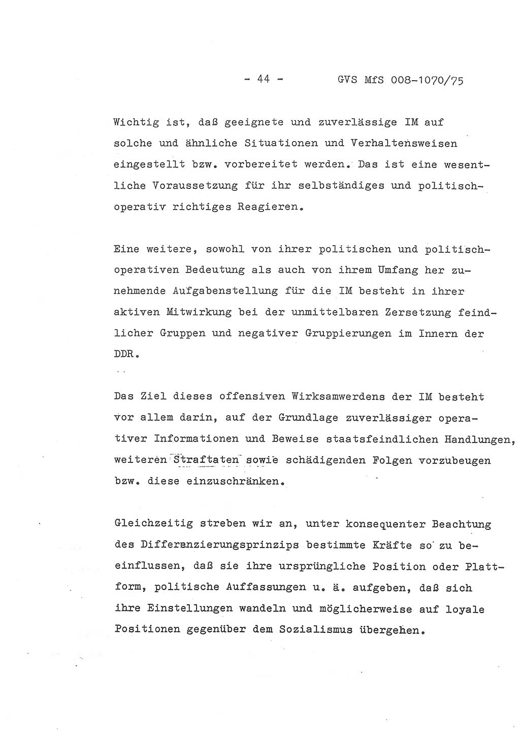 Auszug aus dem Referat des Genossen Minister (Generaloberst Erich Mielke) für das zentrale Führungsseminar (MfS) zu Grundfragen der Arbeit mit den inoffiziellen Mitarbeitern (IM), Manuskript, Deutsche Demokratische Republik (DDR), Ministerium für Staatssicherheit (MfS), Der Minister, Geheime Verschlußsache (GVS) 008-1070/75, Berlin 1975, Blatt 44 (Ref. Fü.-Sem. DDR MfS Min. GVS 008-1070/75 1975, Bl. 44)