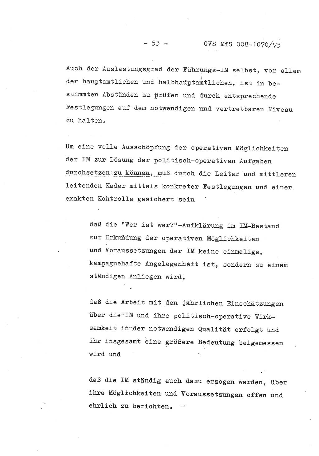 Auszug aus dem Referat des Genossen Minister (Generaloberst Erich Mielke) für das zentrale Führungsseminar (MfS) zu Grundfragen der Arbeit mit den inoffiziellen Mitarbeitern (IM), Manuskript, Deutsche Demokratische Republik (DDR), Ministerium für Staatssicherheit (MfS), Der Minister, Geheime Verschlußsache (GVS) 008-1070/75, Berlin 1975, Blatt 53 (Ref. Fü.-Sem. DDR MfS Min. GVS 008-1070/75 1975, Bl. 53)