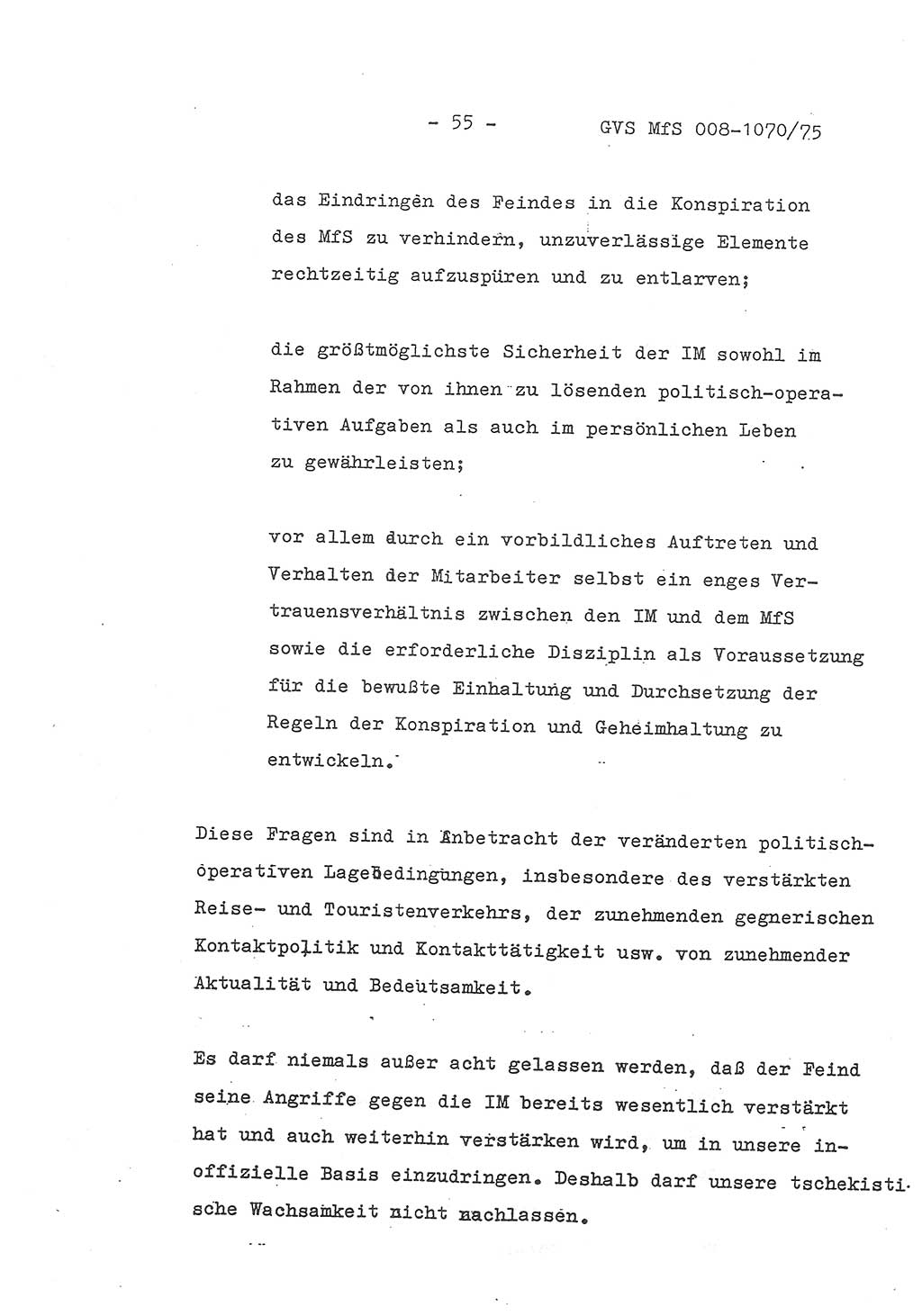 Auszug aus dem Referat des Genossen Minister (Generaloberst Erich Mielke) für das zentrale Führungsseminar (MfS) zu Grundfragen der Arbeit mit den inoffiziellen Mitarbeitern (IM), Manuskript, Deutsche Demokratische Republik (DDR), Ministerium für Staatssicherheit (MfS), Der Minister, Geheime Verschlußsache (GVS) 008-1070/75, Berlin 1975, Blatt 55 (Ref. Fü.-Sem. DDR MfS Min. GVS 008-1070/75 1975, Bl. 55)