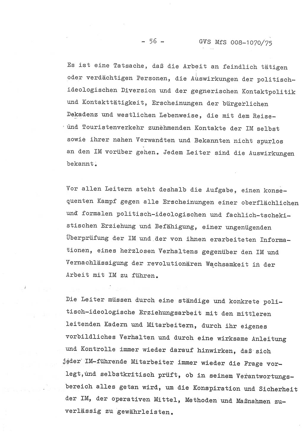 Auszug aus dem Referat des Genossen Minister (Generaloberst Erich Mielke) für das zentrale Führungsseminar (MfS) zu Grundfragen der Arbeit mit den inoffiziellen Mitarbeitern (IM), Manuskript, Deutsche Demokratische Republik (DDR), Ministerium für Staatssicherheit (MfS), Der Minister, Geheime Verschlußsache (GVS) 008-1070/75, Berlin 1975, Blatt 56 (Ref. Fü.-Sem. DDR MfS Min. GVS 008-1070/75 1975, Bl. 56)