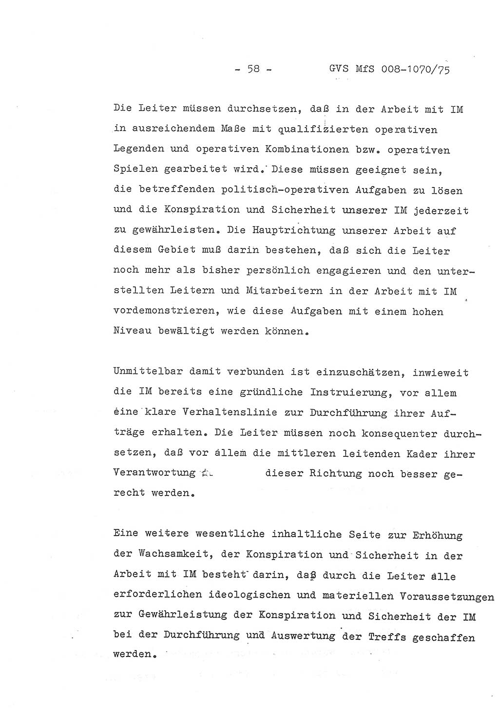 Auszug aus dem Referat des Genossen Minister (Generaloberst Erich Mielke) für das zentrale Führungsseminar (MfS) zu Grundfragen der Arbeit mit den inoffiziellen Mitarbeitern (IM), Manuskript, Deutsche Demokratische Republik (DDR), Ministerium für Staatssicherheit (MfS), Der Minister, Geheime Verschlußsache (GVS) 008-1070/75, Berlin 1975, Blatt 58 (Ref. Fü.-Sem. DDR MfS Min. GVS 008-1070/75 1975, Bl. 58)