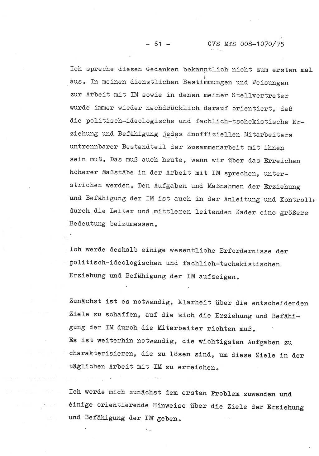 Auszug aus dem Referat des Genossen Minister (Generaloberst Erich Mielke) für das zentrale Führungsseminar (MfS) zu Grundfragen der Arbeit mit den inoffiziellen Mitarbeitern (IM), Manuskript, Deutsche Demokratische Republik (DDR), Ministerium für Staatssicherheit (MfS), Der Minister, Geheime Verschlußsache (GVS) 008-1070/75, Berlin 1975, Blatt 61 (Ref. Fü.-Sem. DDR MfS Min. GVS 008-1070/75 1975, Bl. 61)