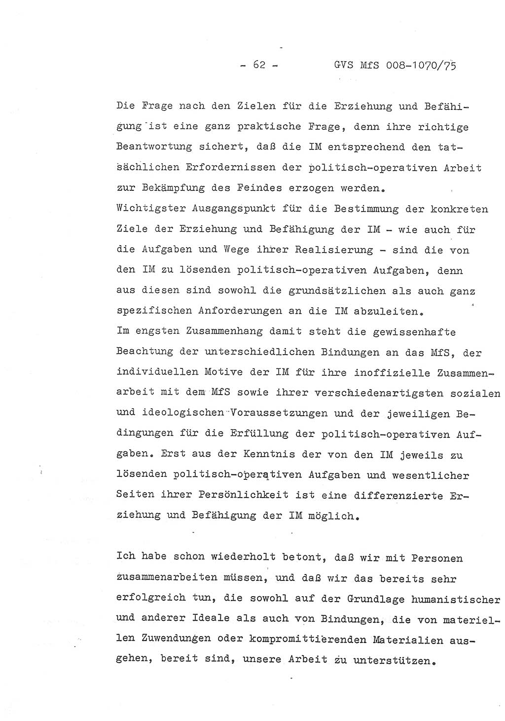 Auszug aus dem Referat des Genossen Minister (Generaloberst Erich Mielke) für das zentrale Führungsseminar (MfS) zu Grundfragen der Arbeit mit den inoffiziellen Mitarbeitern (IM), Manuskript, Deutsche Demokratische Republik (DDR), Ministerium für Staatssicherheit (MfS), Der Minister, Geheime Verschlußsache (GVS) 008-1070/75, Berlin 1975, Blatt 62 (Ref. Fü.-Sem. DDR MfS Min. GVS 008-1070/75 1975, Bl. 62)