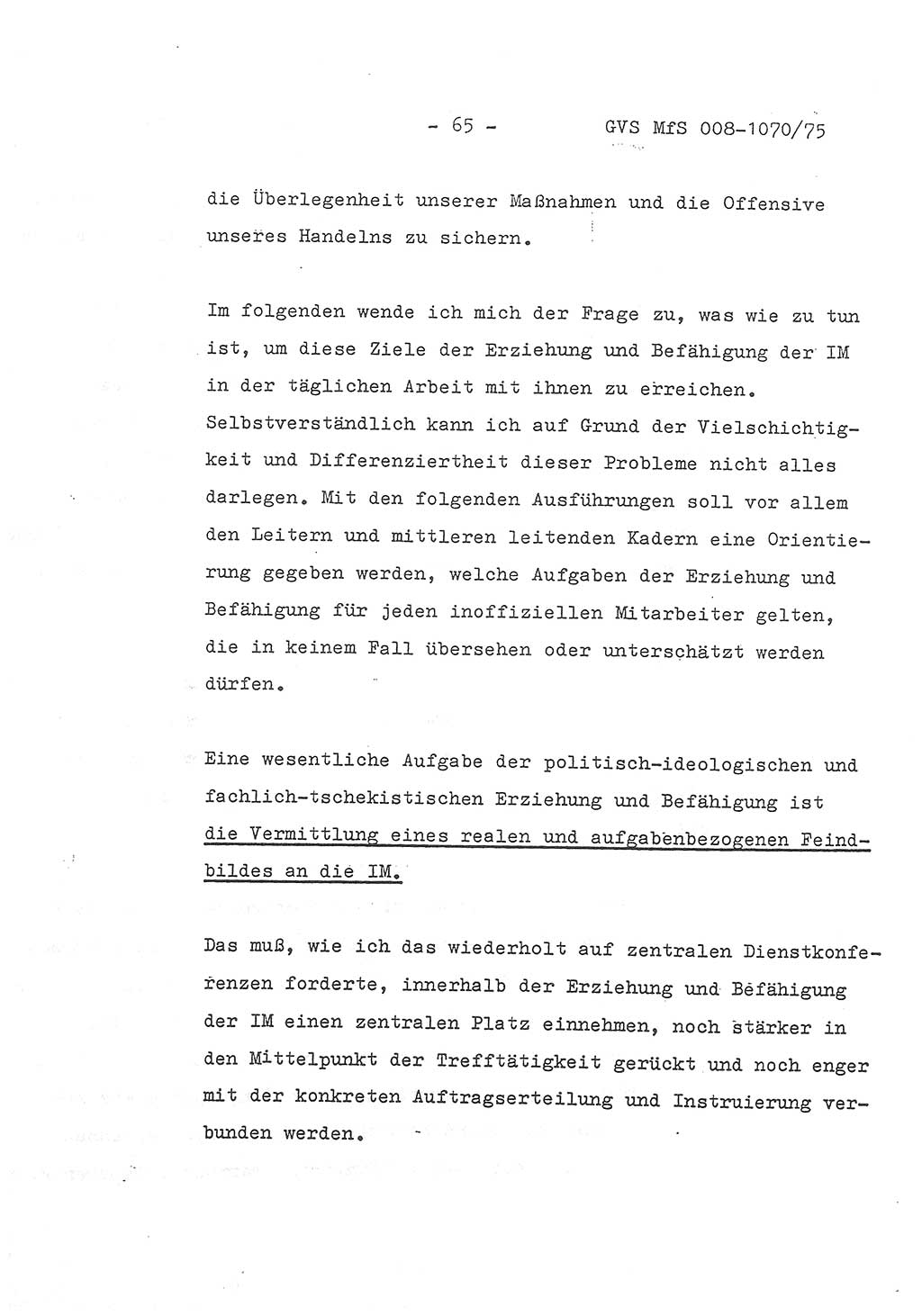 Auszug aus dem Referat des Genossen Minister (Generaloberst Erich Mielke) für das zentrale Führungsseminar (MfS) zu Grundfragen der Arbeit mit den inoffiziellen Mitarbeitern (IM), Manuskript, Deutsche Demokratische Republik (DDR), Ministerium für Staatssicherheit (MfS), Der Minister, Geheime Verschlußsache (GVS) 008-1070/75, Berlin 1975, Blatt 65 (Ref. Fü.-Sem. DDR MfS Min. GVS 008-1070/75 1975, Bl. 65)