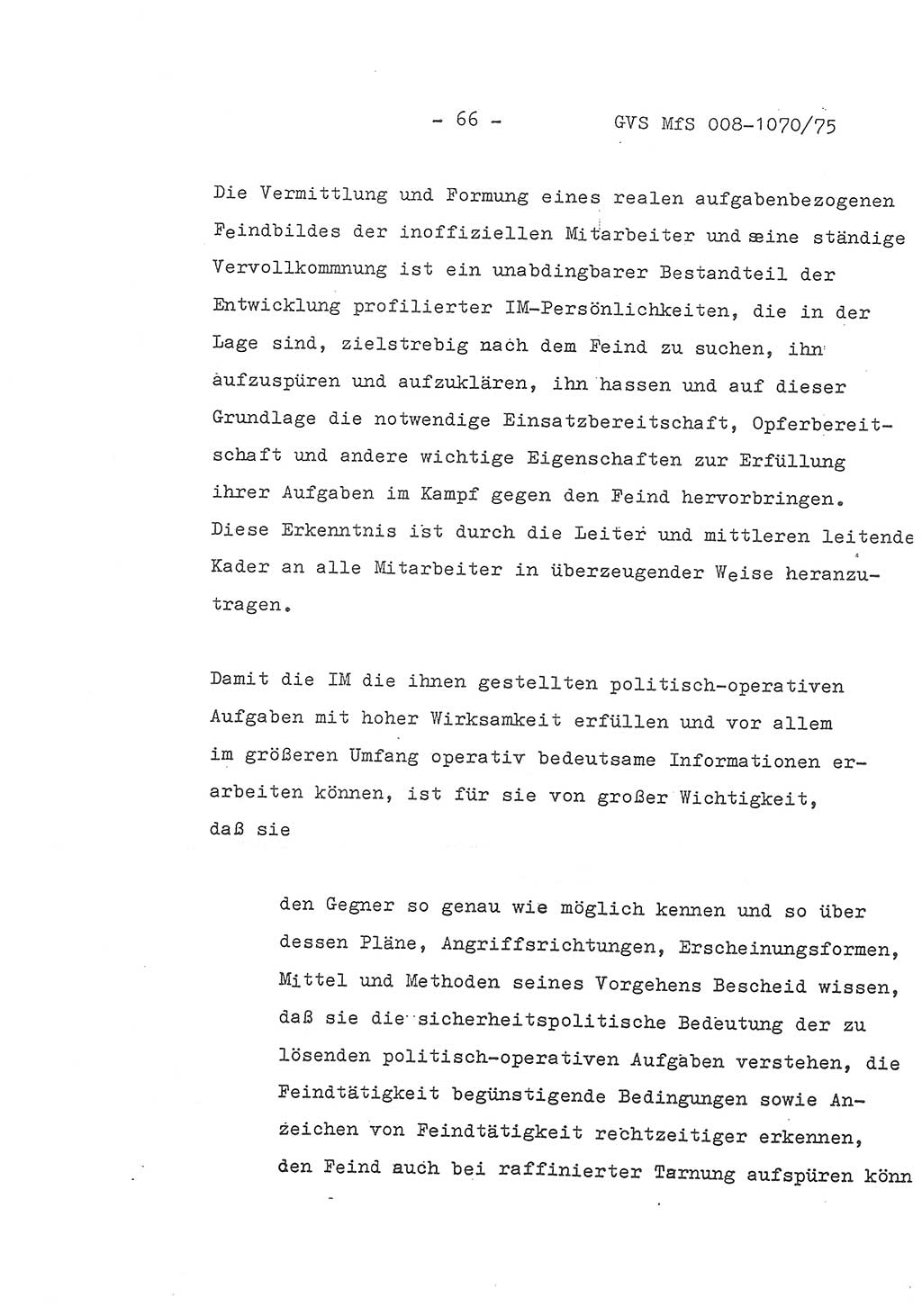 Auszug aus dem Referat des Genossen Minister (Generaloberst Erich Mielke) für das zentrale Führungsseminar (MfS) zu Grundfragen der Arbeit mit den inoffiziellen Mitarbeitern (IM), Manuskript, Deutsche Demokratische Republik (DDR), Ministerium für Staatssicherheit (MfS), Der Minister, Geheime Verschlußsache (GVS) 008-1070/75, Berlin 1975, Blatt 66 (Ref. Fü.-Sem. DDR MfS Min. GVS 008-1070/75 1975, Bl. 66)