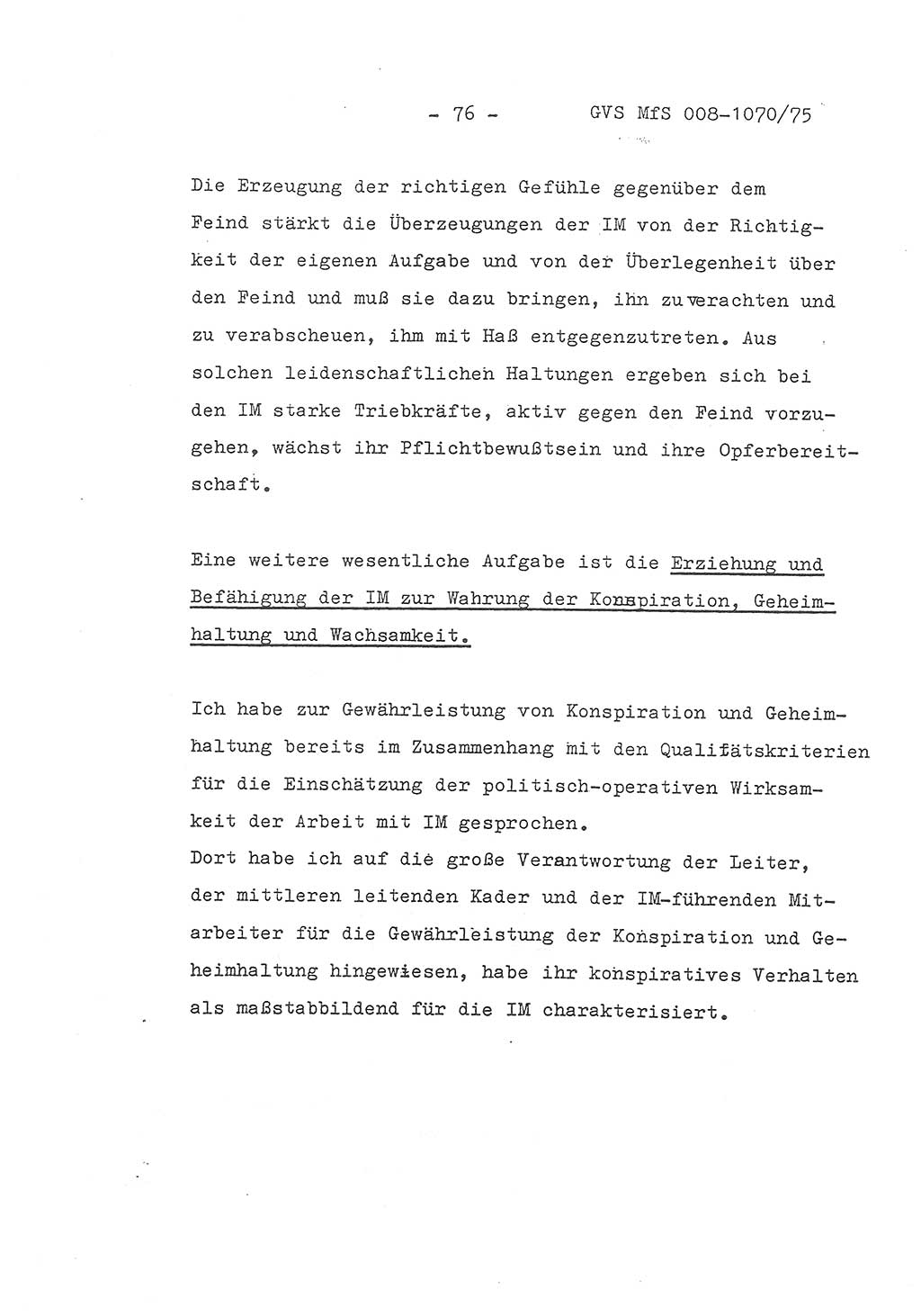 Auszug aus dem Referat des Genossen Minister (Generaloberst Erich Mielke) für das zentrale Führungsseminar (MfS) zu Grundfragen der Arbeit mit den inoffiziellen Mitarbeitern (IM), Manuskript, Deutsche Demokratische Republik (DDR), Ministerium für Staatssicherheit (MfS), Der Minister, Geheime Verschlußsache (GVS) 008-1070/75, Berlin 1975, Blatt 76 (Ref. Fü.-Sem. DDR MfS Min. GVS 008-1070/75 1975, Bl. 76)