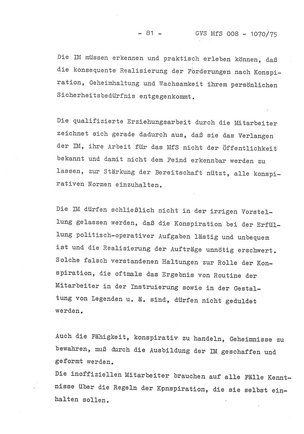 Auszug aus dem Referat des Genossen Minister (Generaloberst Erich Mielke) für das zentrale Führungsseminar (MfS) zu Grundfragen der Arbeit mit den inoffiziellen Mitarbeitern (IM), Manuskript, Deutsche Demokratische Republik (DDR), Ministerium für Staatssicherheit (MfS), Der Minister, Geheime Verschlußsache (GVS) 008-1070/75, Berlin 1975, Blatt 81 (Ref. Fü.-Sem. DDR MfS Min. GVS 008-1070/75 1975, Bl. 81)