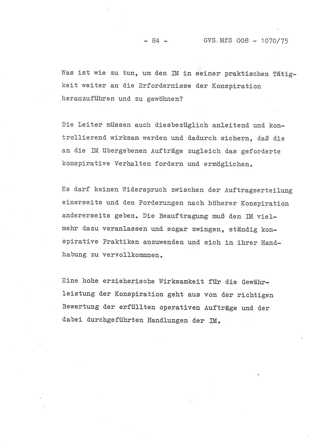 Auszug aus dem Referat des Genossen Minister (Generaloberst Erich Mielke) für das zentrale Führungsseminar (MfS) zu Grundfragen der Arbeit mit den inoffiziellen Mitarbeitern (IM), Manuskript, Deutsche Demokratische Republik (DDR), Ministerium für Staatssicherheit (MfS), Der Minister, Geheime Verschlußsache (GVS) 008-1070/75, Berlin 1975, Blatt 84 (Ref. Fü.-Sem. DDR MfS Min. GVS 008-1070/75 1975, Bl. 84)