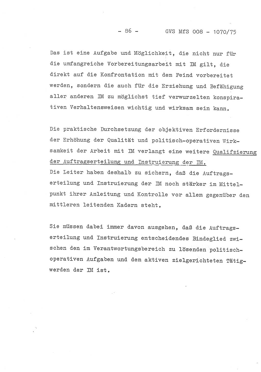 Auszug aus dem Referat des Genossen Minister (Generaloberst Erich Mielke) für das zentrale Führungsseminar (MfS) zu Grundfragen der Arbeit mit den inoffiziellen Mitarbeitern (IM), Manuskript, Deutsche Demokratische Republik (DDR), Ministerium für Staatssicherheit (MfS), Der Minister, Geheime Verschlußsache (GVS) 008-1070/75, Berlin 1975, Blatt 86 (Ref. Fü.-Sem. DDR MfS Min. GVS 008-1070/75 1975, Bl. 86)