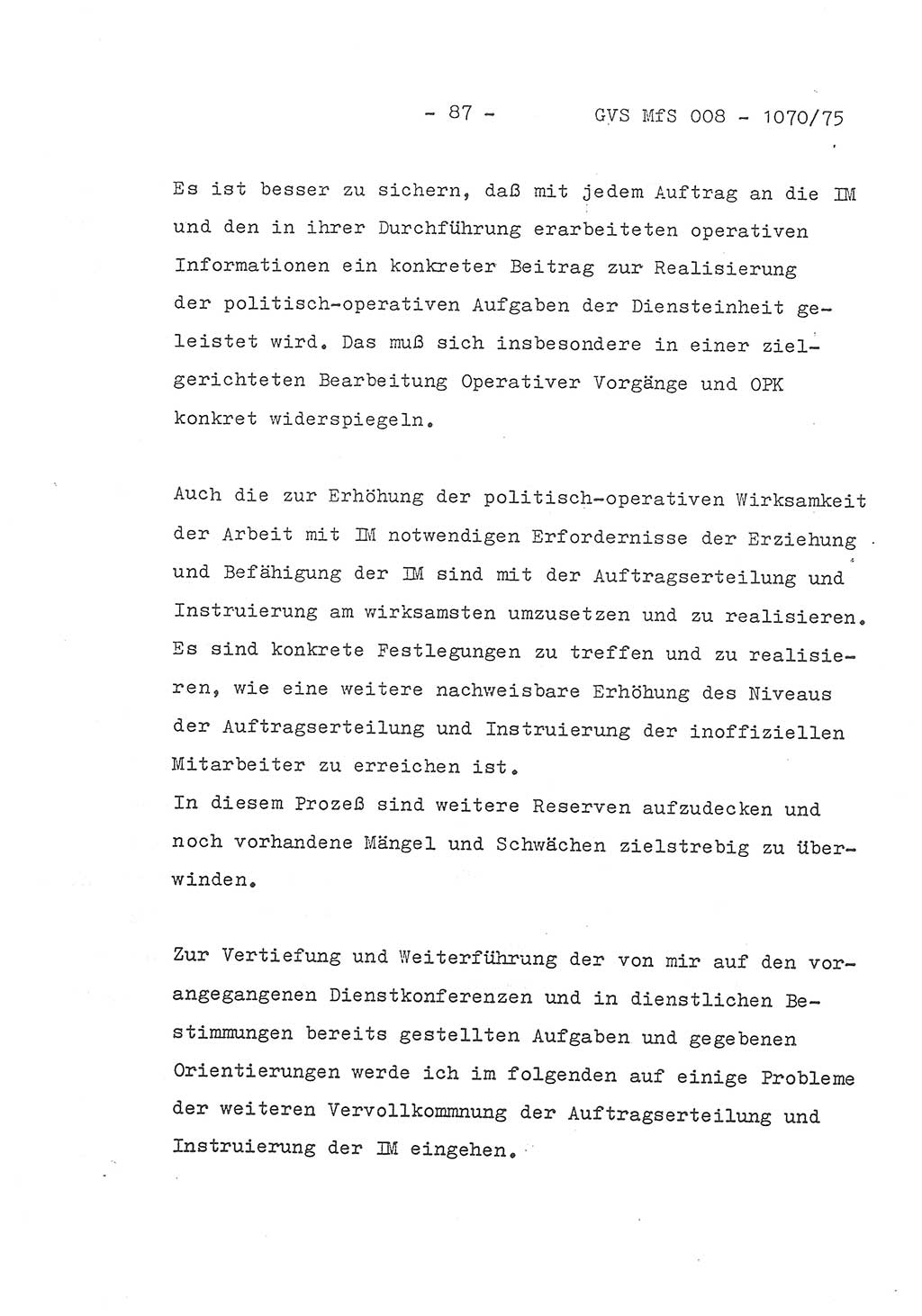 Auszug aus dem Referat des Genossen Minister (Generaloberst Erich Mielke) für das zentrale Führungsseminar (MfS) zu Grundfragen der Arbeit mit den inoffiziellen Mitarbeitern (IM), Manuskript, Deutsche Demokratische Republik (DDR), Ministerium für Staatssicherheit (MfS), Der Minister, Geheime Verschlußsache (GVS) 008-1070/75, Berlin 1975, Blatt 87 (Ref. Fü.-Sem. DDR MfS Min. GVS 008-1070/75 1975, Bl. 87)