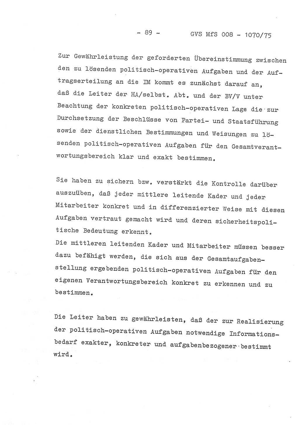 Auszug aus dem Referat des Genossen Minister (Generaloberst Erich Mielke) für das zentrale Führungsseminar (MfS) zu Grundfragen der Arbeit mit den inoffiziellen Mitarbeitern (IM), Manuskript, Deutsche Demokratische Republik (DDR), Ministerium für Staatssicherheit (MfS), Der Minister, Geheime Verschlußsache (GVS) 008-1070/75, Berlin 1975, Blatt 89 (Ref. Fü.-Sem. DDR MfS Min. GVS 008-1070/75 1975, Bl. 89)