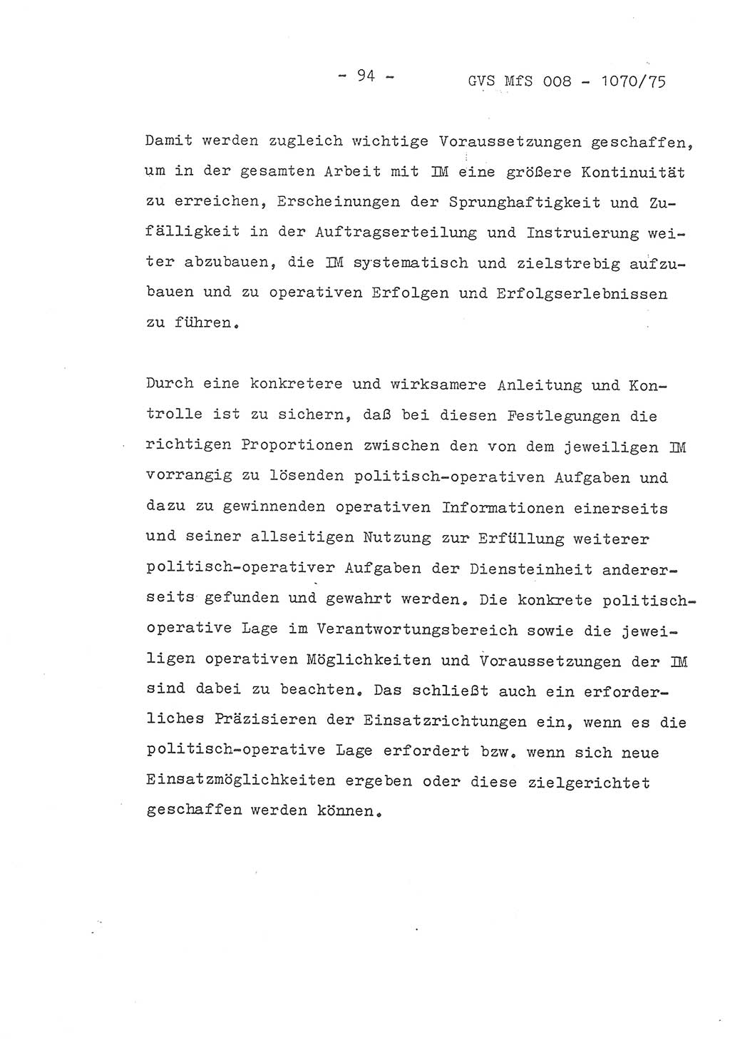 Auszug aus dem Referat des Genossen Minister (Generaloberst Erich Mielke) für das zentrale Führungsseminar (MfS) zu Grundfragen der Arbeit mit den inoffiziellen Mitarbeitern (IM), Manuskript, Deutsche Demokratische Republik (DDR), Ministerium für Staatssicherheit (MfS), Der Minister, Geheime Verschlußsache (GVS) 008-1070/75, Berlin 1975, Blatt 94 (Ref. Fü.-Sem. DDR MfS Min. GVS 008-1070/75 1975, Bl. 94)