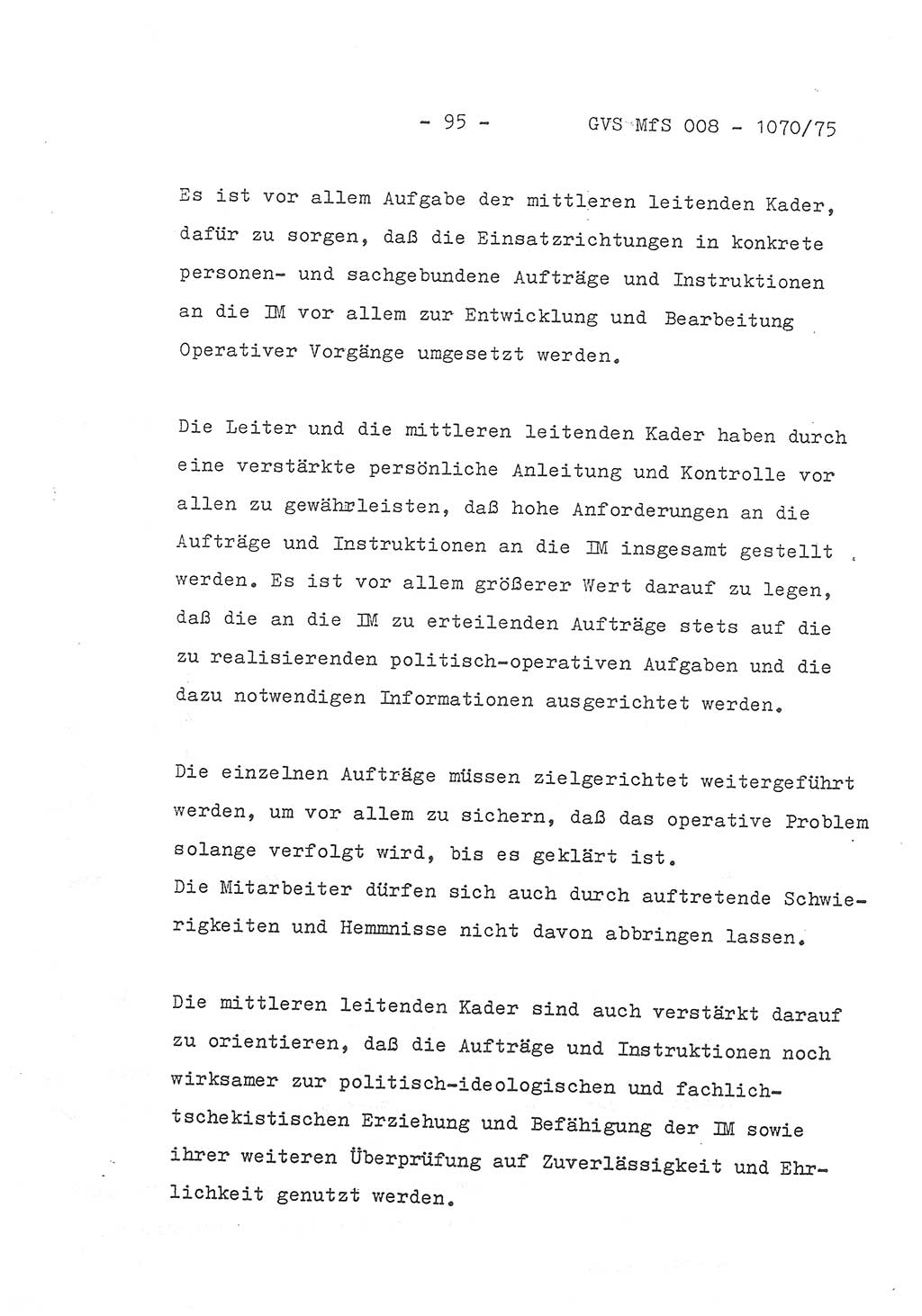 Auszug aus dem Referat des Genossen Minister (Generaloberst Erich Mielke) für das zentrale Führungsseminar (MfS) zu Grundfragen der Arbeit mit den inoffiziellen Mitarbeitern (IM), Manuskript, Deutsche Demokratische Republik (DDR), Ministerium für Staatssicherheit (MfS), Der Minister, Geheime Verschlußsache (GVS) 008-1070/75, Berlin 1975, Blatt 95 (Ref. Fü.-Sem. DDR MfS Min. GVS 008-1070/75 1975, Bl. 95)