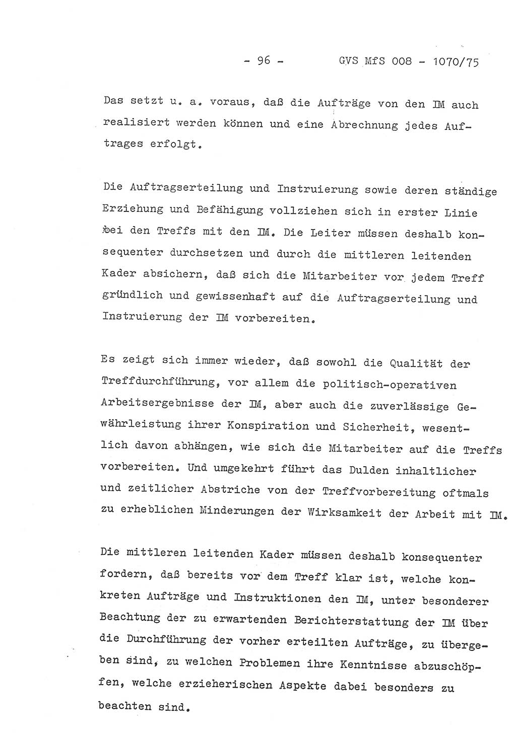 Auszug aus dem Referat des Genossen Minister (Generaloberst Erich Mielke) für das zentrale Führungsseminar (MfS) zu Grundfragen der Arbeit mit den inoffiziellen Mitarbeitern (IM), Manuskript, Deutsche Demokratische Republik (DDR), Ministerium für Staatssicherheit (MfS), Der Minister, Geheime Verschlußsache (GVS) 008-1070/75, Berlin 1975, Blatt 96 (Ref. Fü.-Sem. DDR MfS Min. GVS 008-1070/75 1975, Bl. 96)