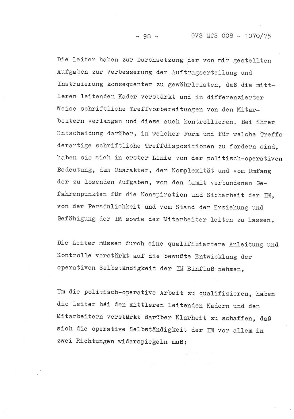 Auszug aus dem Referat des Genossen Minister (Generaloberst Erich Mielke) für das zentrale Führungsseminar (MfS) zu Grundfragen der Arbeit mit den inoffiziellen Mitarbeitern (IM), Manuskript, Deutsche Demokratische Republik (DDR), Ministerium für Staatssicherheit (MfS), Der Minister, Geheime Verschlußsache (GVS) 008-1070/75, Berlin 1975, Blatt 98 (Ref. Fü.-Sem. DDR MfS Min. GVS 008-1070/75 1975, Bl. 98)