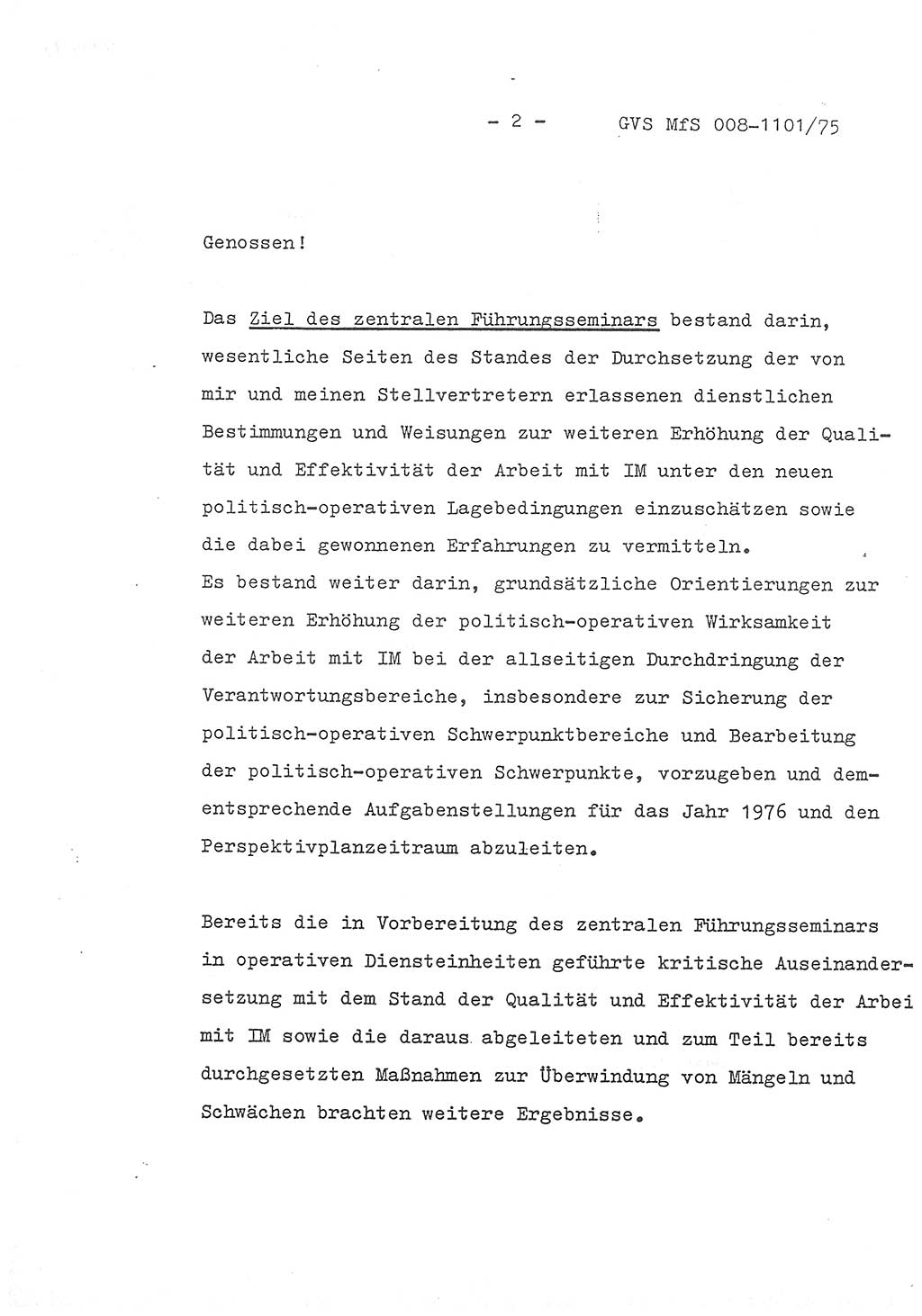 Schlußwort des Genossen Minister (Generaloberst Erich Mielke) zum zentralen Führungsseminar (MfS), Deutsche Demokratische Republik (DDR), Ministerium für Staatssicherheit (MfS), Der Minister, Geheime Verschlußsache (GVS) 008-1101/75, Berlin 1975, Blatt 2 (Schl.-W. Fü.-Sem. DDR MfS Min. GVS 008-1101/75 1975, Bl. 2)