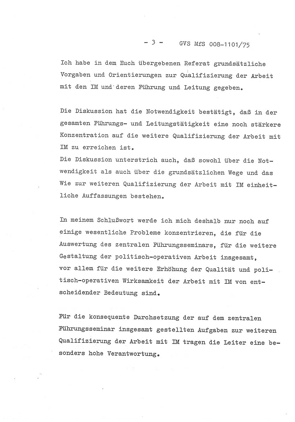 Schlußwort des Genossen Minister (Generaloberst Erich Mielke) zum zentralen Führungsseminar (MfS), Deutsche Demokratische Republik (DDR), Ministerium für Staatssicherheit (MfS), Der Minister, Geheime Verschlußsache (GVS) 008-1101/75, Berlin 1975, Blatt 3 (Schl.-W. Fü.-Sem. DDR MfS Min. GVS 008-1101/75 1975, Bl. 3)