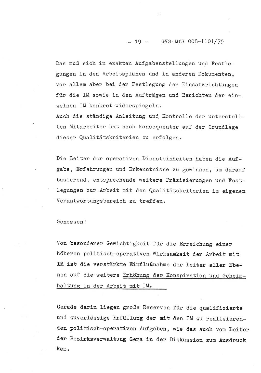 Schlußwort des Genossen Minister (Generaloberst Erich Mielke) zum zentralen Führungsseminar (MfS), Deutsche Demokratische Republik (DDR), Ministerium für Staatssicherheit (MfS), Der Minister, Geheime Verschlußsache (GVS) 008-1101/75, Berlin 1975, Blatt 19 (Schl.-W. Fü.-Sem. DDR MfS Min. GVS 008-1101/75 1975, Bl. 19)