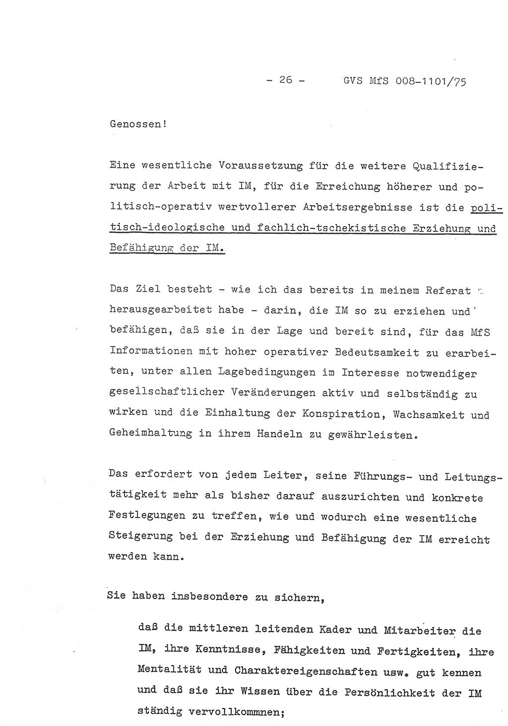 Schlußwort des Genossen Minister (Generaloberst Erich Mielke) zum zentralen Führungsseminar (MfS), Deutsche Demokratische Republik (DDR), Ministerium für Staatssicherheit (MfS), Der Minister, Geheime Verschlußsache (GVS) 008-1101/75, Berlin 1975, Blatt 26 (Schl.-W. Fü.-Sem. DDR MfS Min. GVS 008-1101/75 1975, Bl. 26)